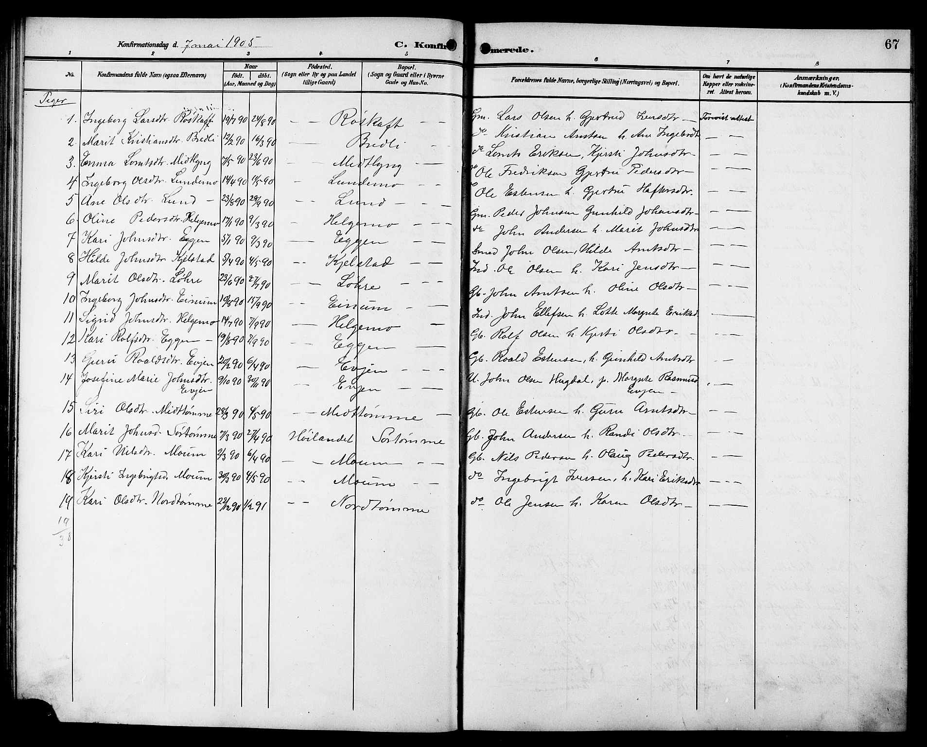 Ministerialprotokoller, klokkerbøker og fødselsregistre - Sør-Trøndelag, AV/SAT-A-1456/692/L1112: Parish register (copy) no. 692C07, 1904-1918, p. 67