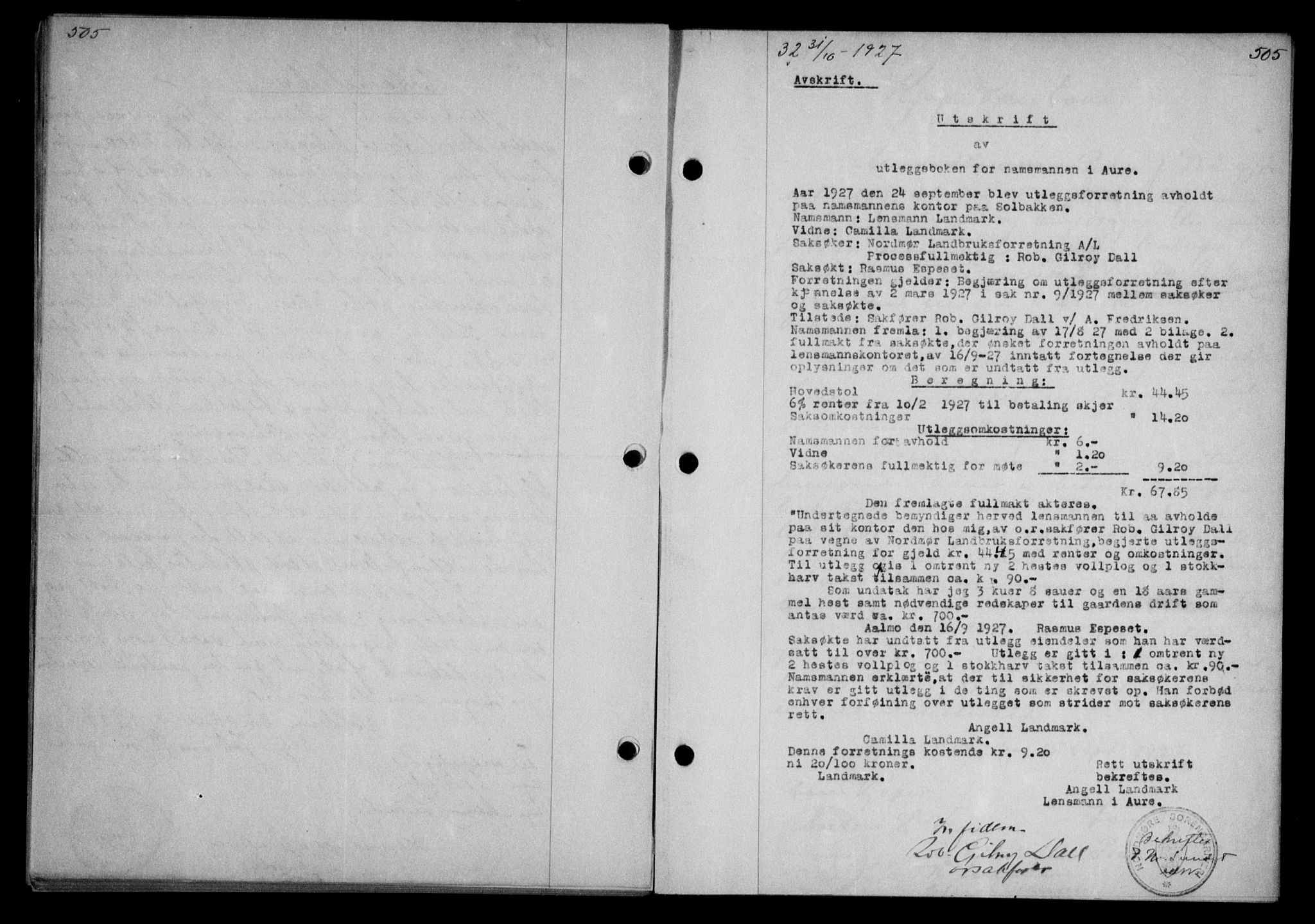 Nordmøre sorenskriveri, AV/SAT-A-4132/1/2/2Ca/L0062: Mortgage book no. 52, 1927-1927, Deed date: 31.10.1927