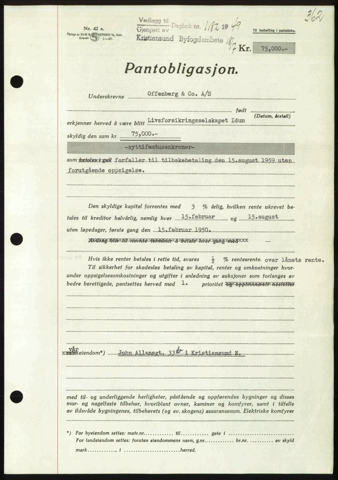 Kristiansund byfogd, AV/SAT-A-4587/A/27: Mortgage book no. 45, 1948-1949, Diary no: : 1182/1949