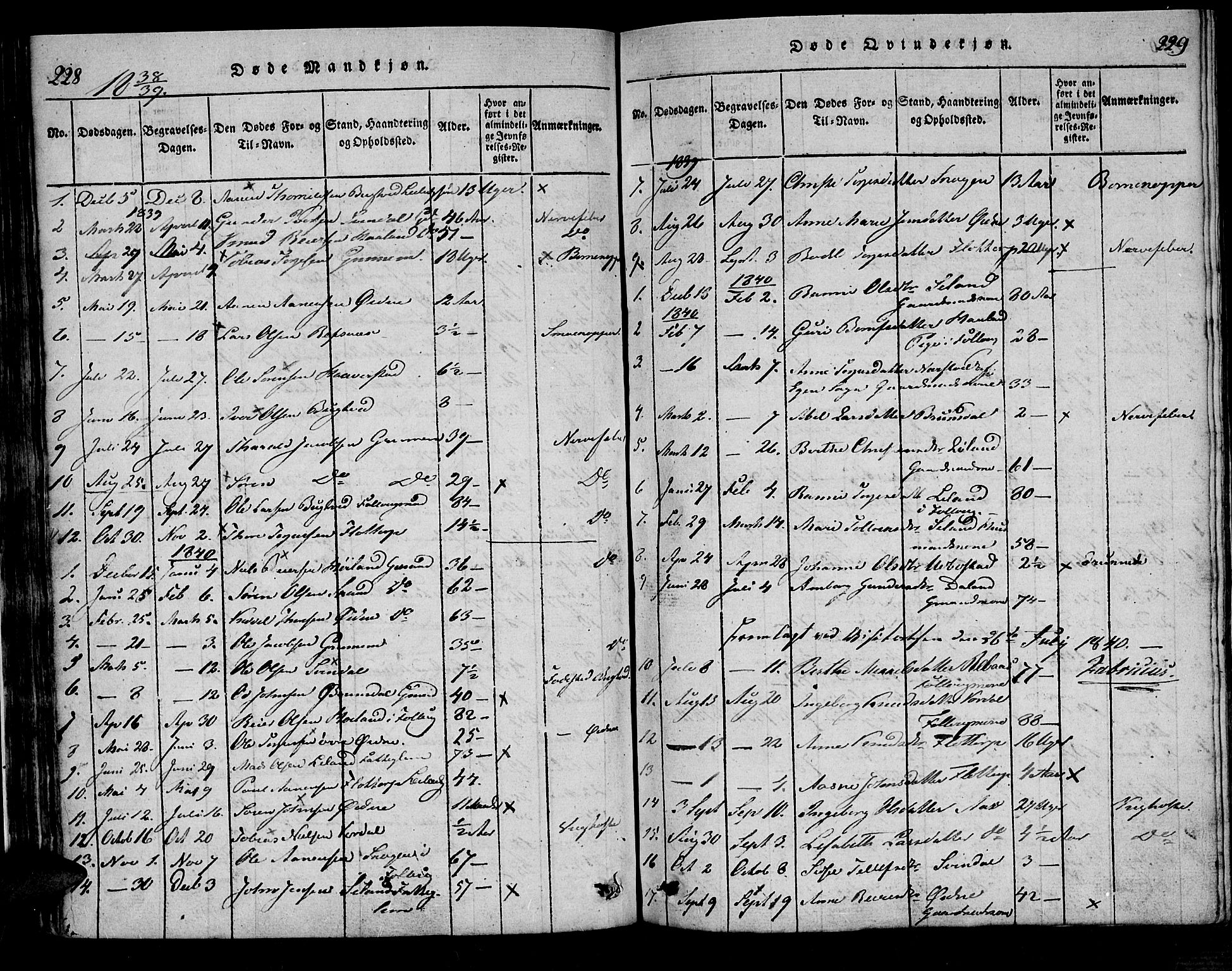 Bjelland sokneprestkontor, SAK/1111-0005/F/Fa/Fac/L0001: Parish register (official) no. A 1, 1815-1866, p. 228-229