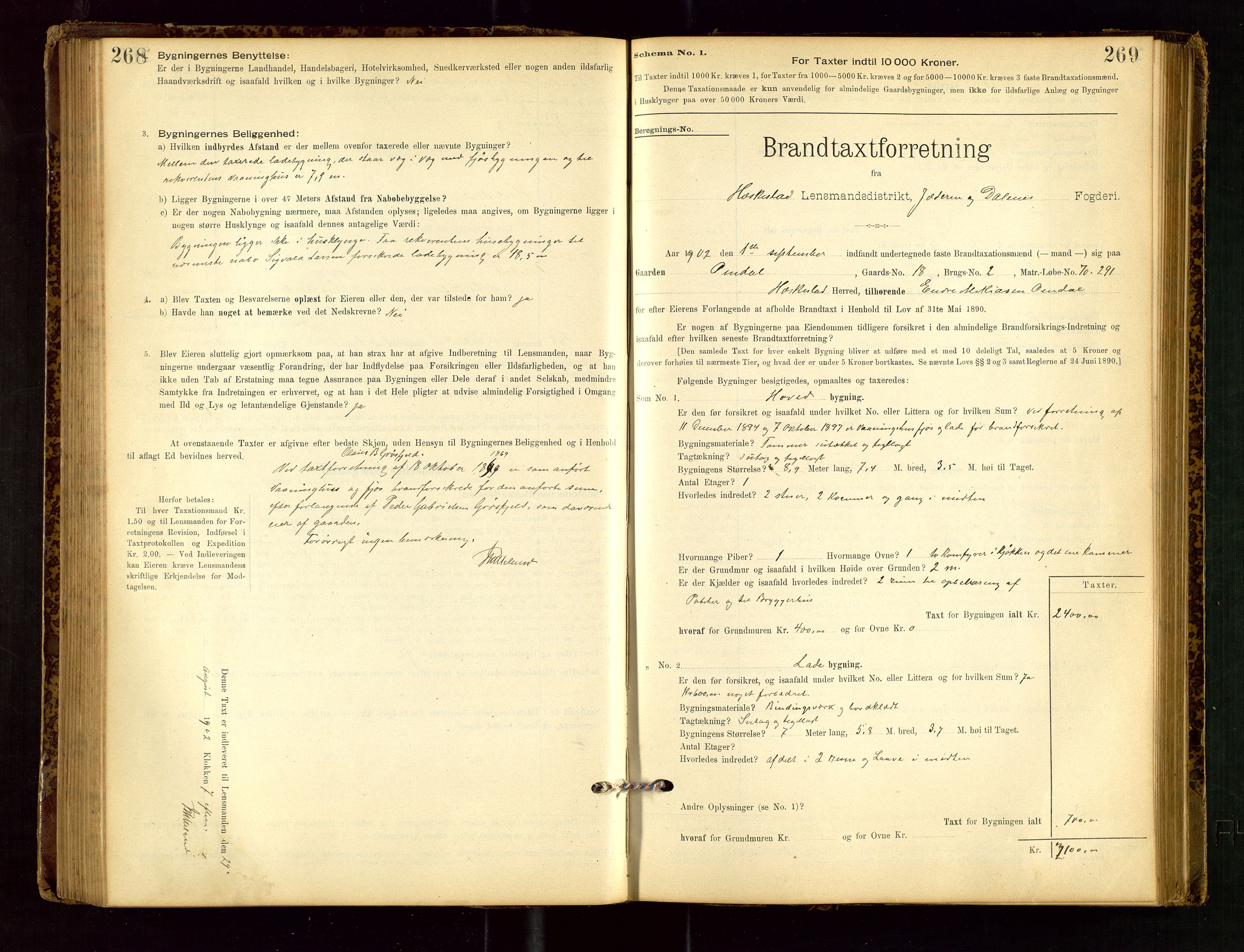 Heskestad lensmannskontor, SAST/A-100304/Gob/L0001: "Brandtaxationsprotokol", 1894-1915, p. 268-269