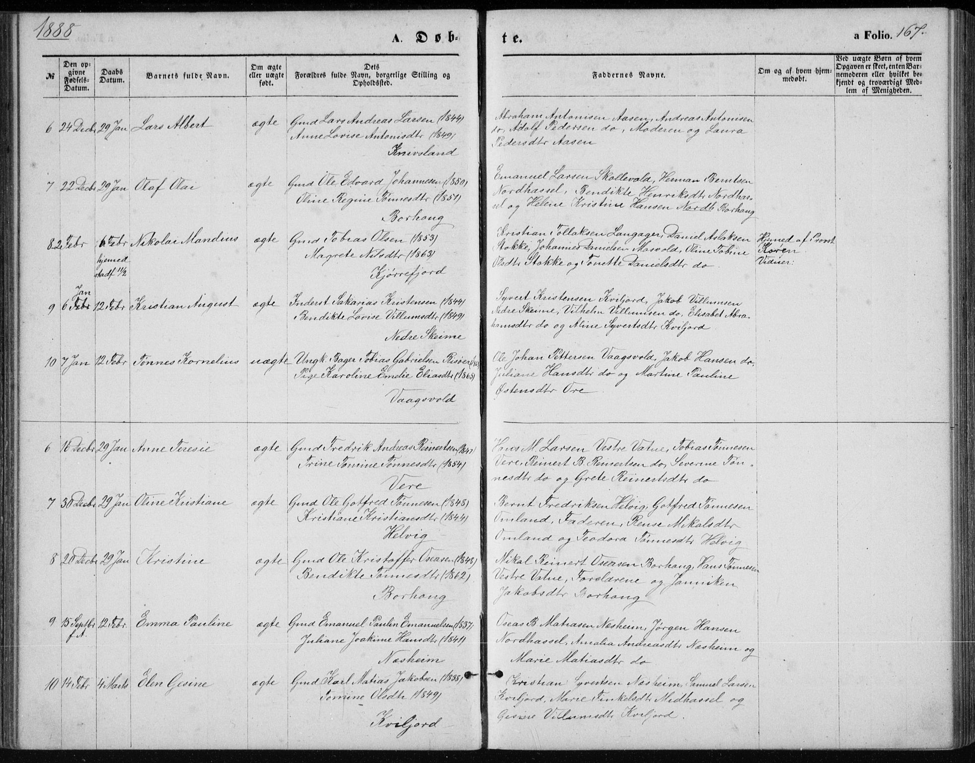 Lista sokneprestkontor, AV/SAK-1111-0027/F/Fb/L0004: Parish register (copy) no. B 4, 1877-1891, p. 167