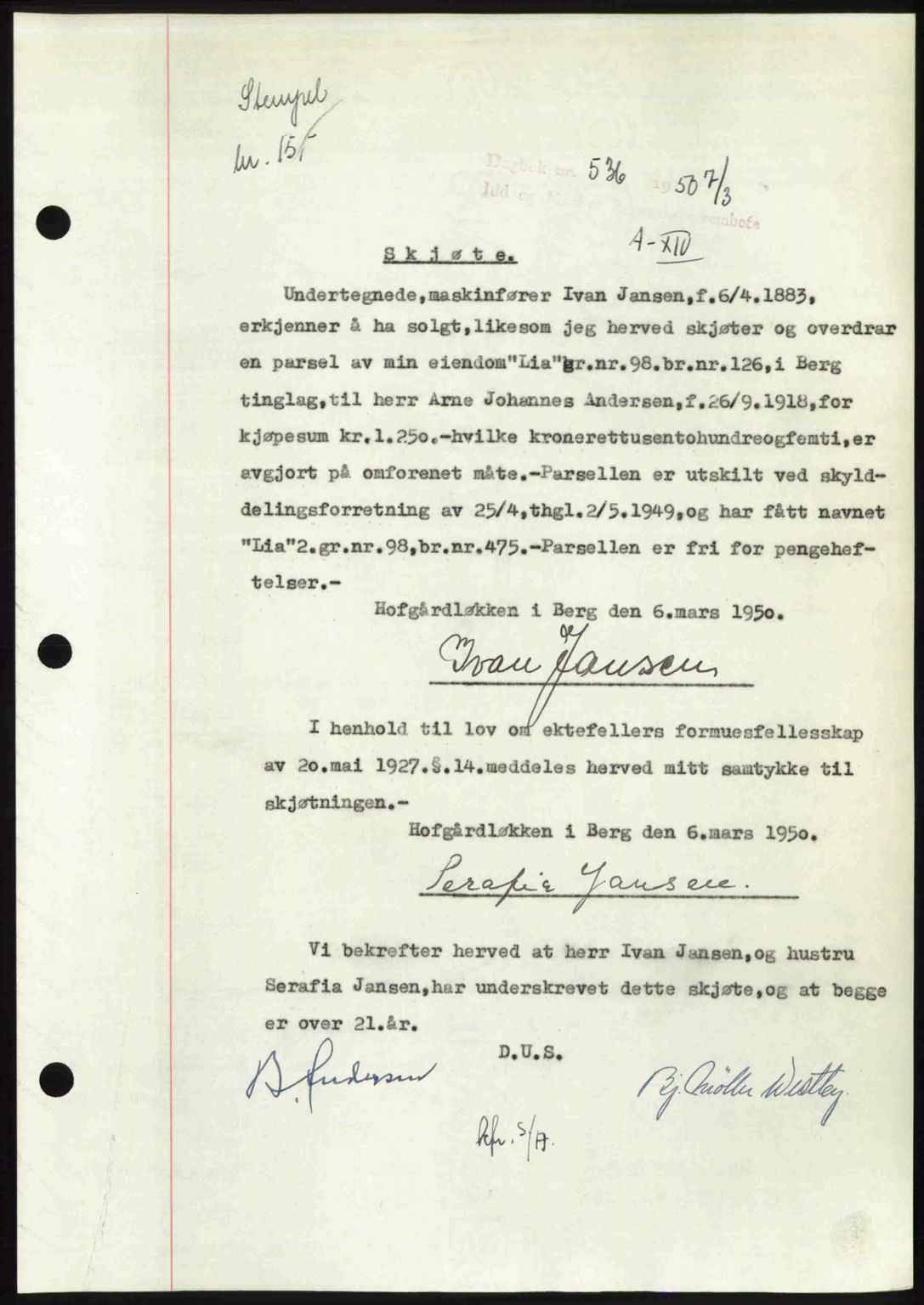 Idd og Marker sorenskriveri, AV/SAO-A-10283/G/Gb/Gbb/L0014: Mortgage book no. A14, 1950-1950, Diary no: : 536/1950