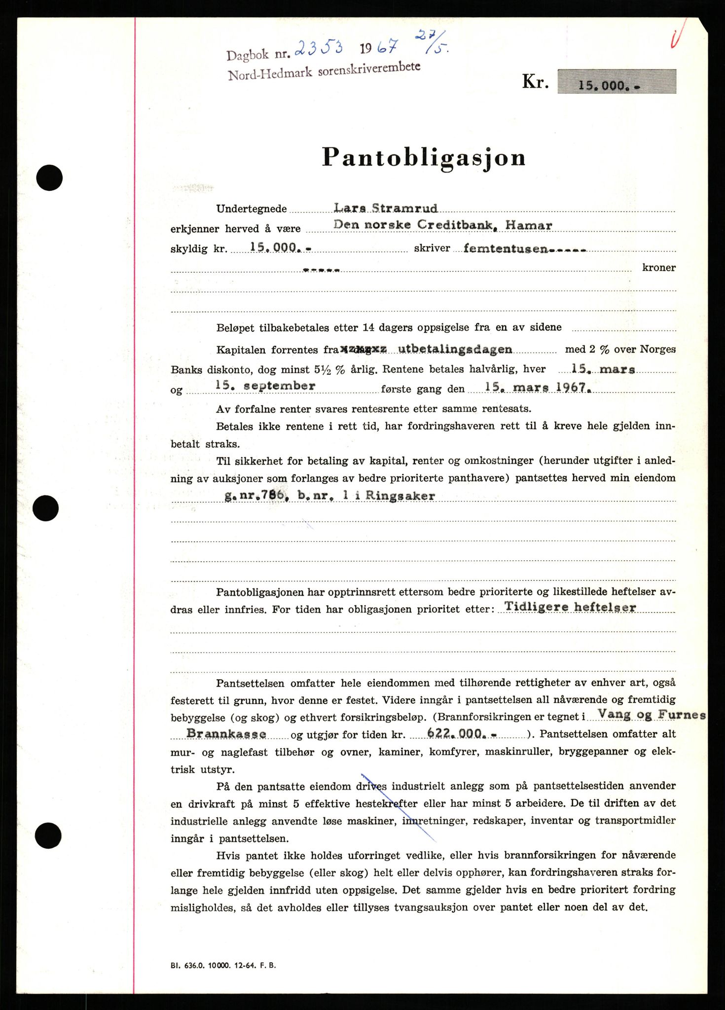 Nord-Hedmark sorenskriveri, SAH/TING-012/H/Hb/Hbf/L0071: Mortgage book no. B71, 1967-1967, Diary no: : 2353/1967