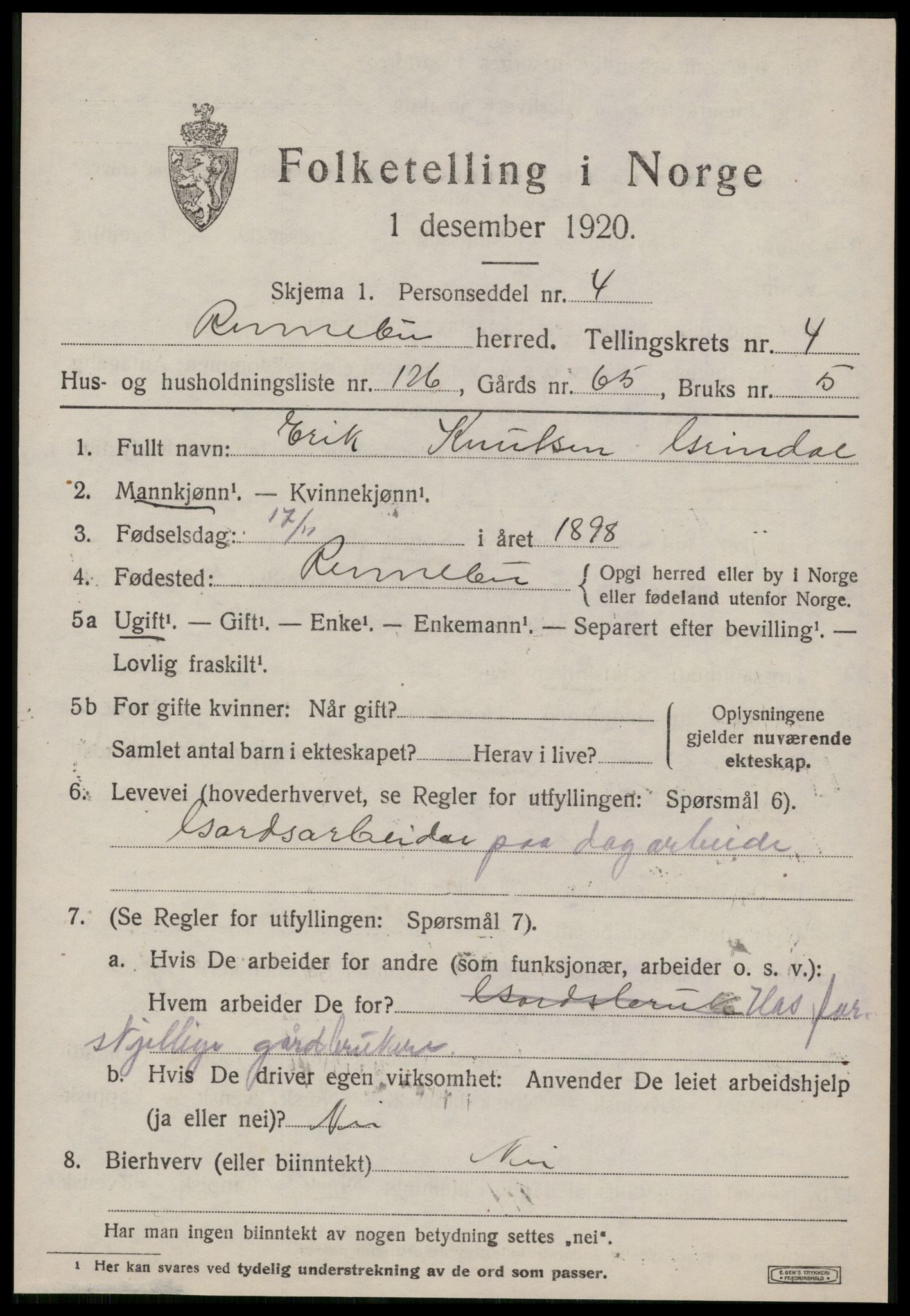 SAT, 1920 census for Rennebu, 1920, p. 3980