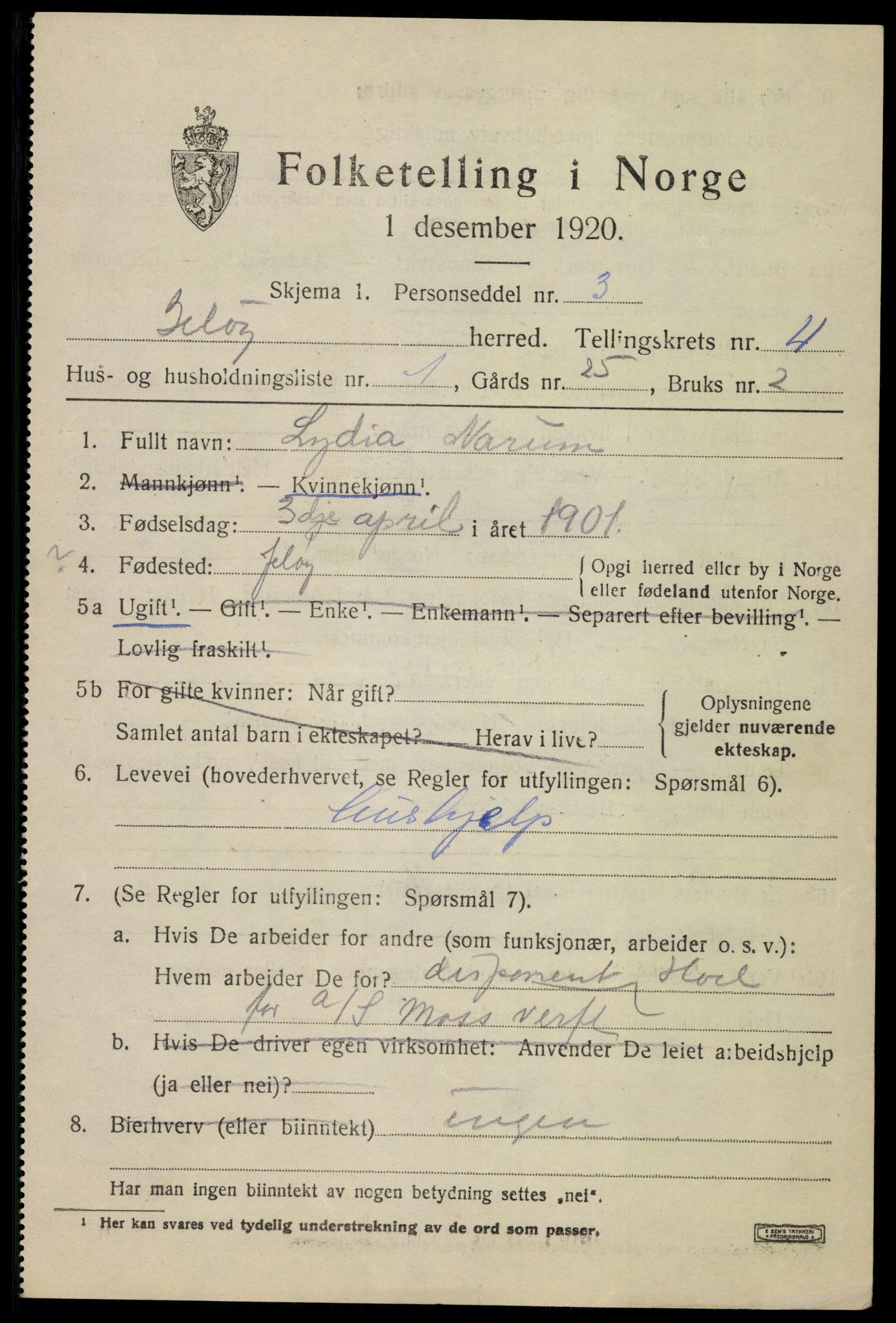 SAO, 1920 census for Moss land district, 1920, p. 4807