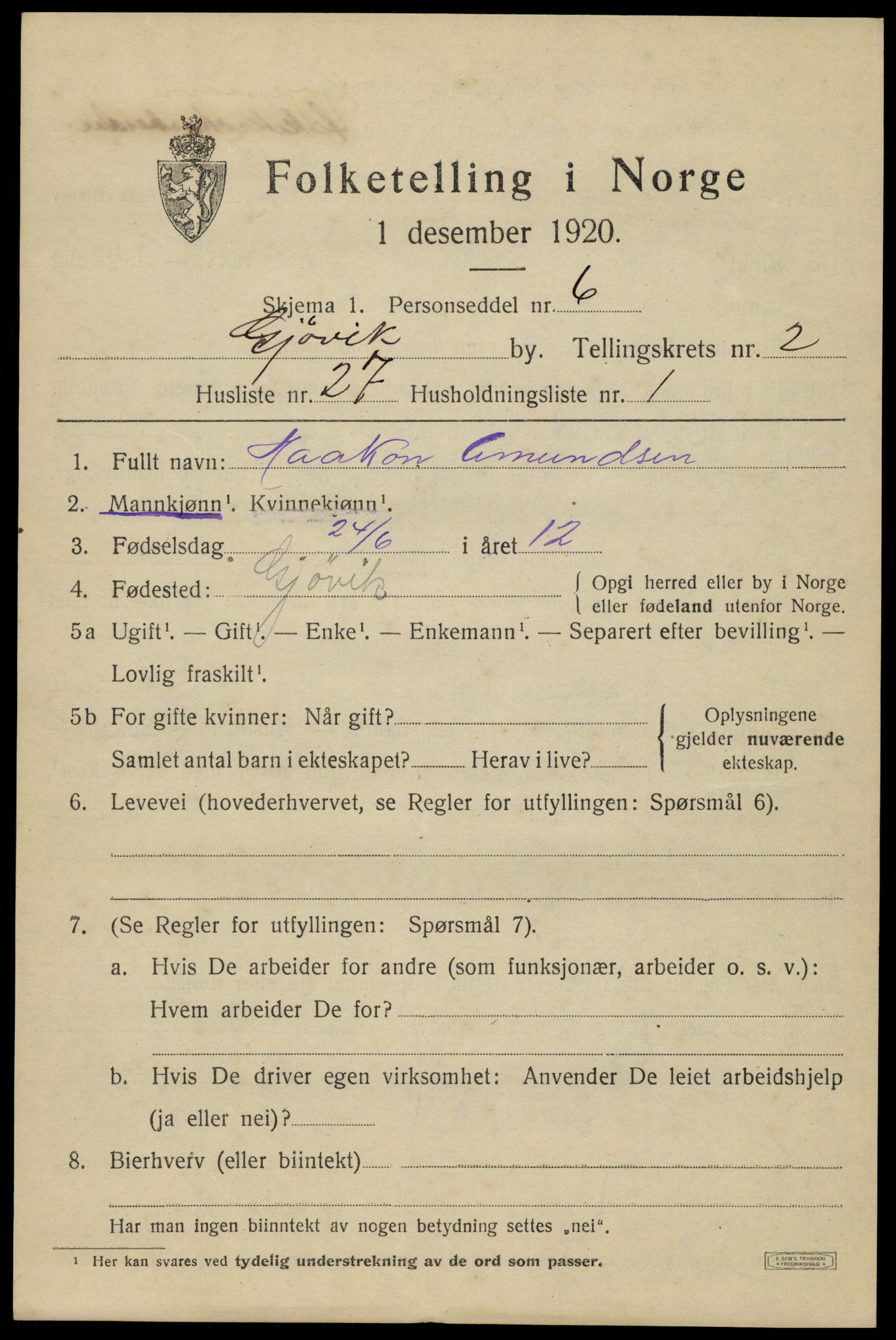 SAH, 1920 census for Gjøvik, 1920, p. 5284