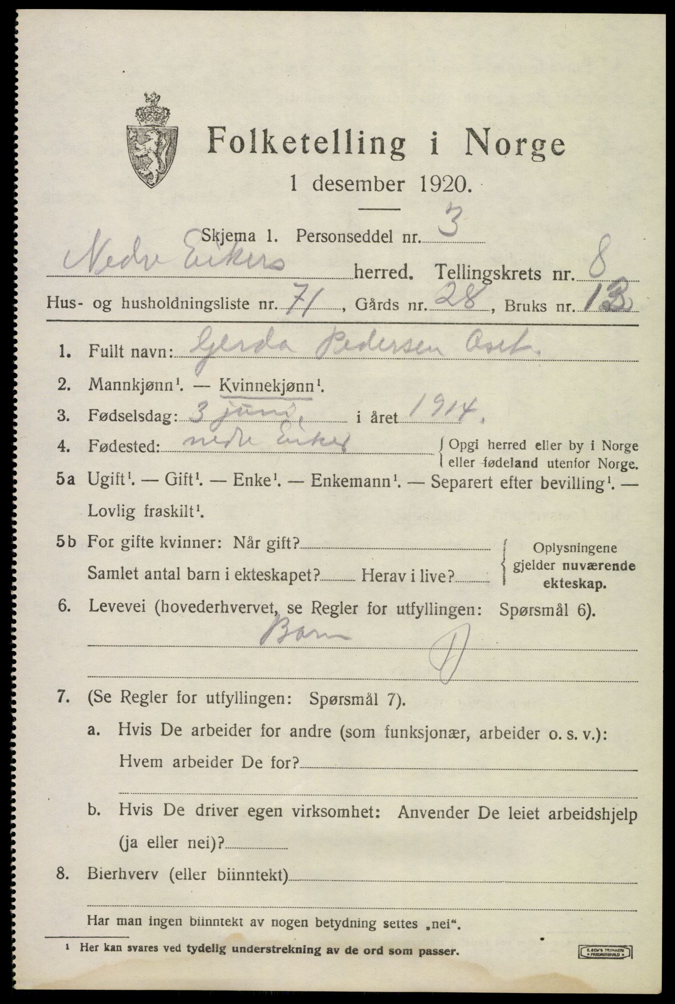 SAKO, 1920 census for Nedre Eiker, 1920, p. 9231