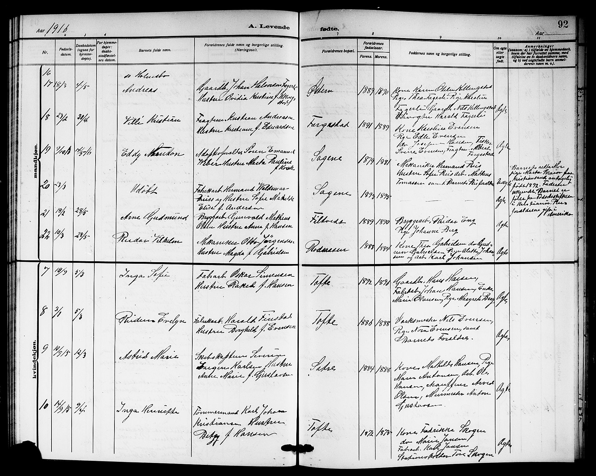 Hurum kirkebøker, AV/SAKO-A-229/G/Ga/L0005: Parish register (copy) no. I 5, 1908-1922, p. 92