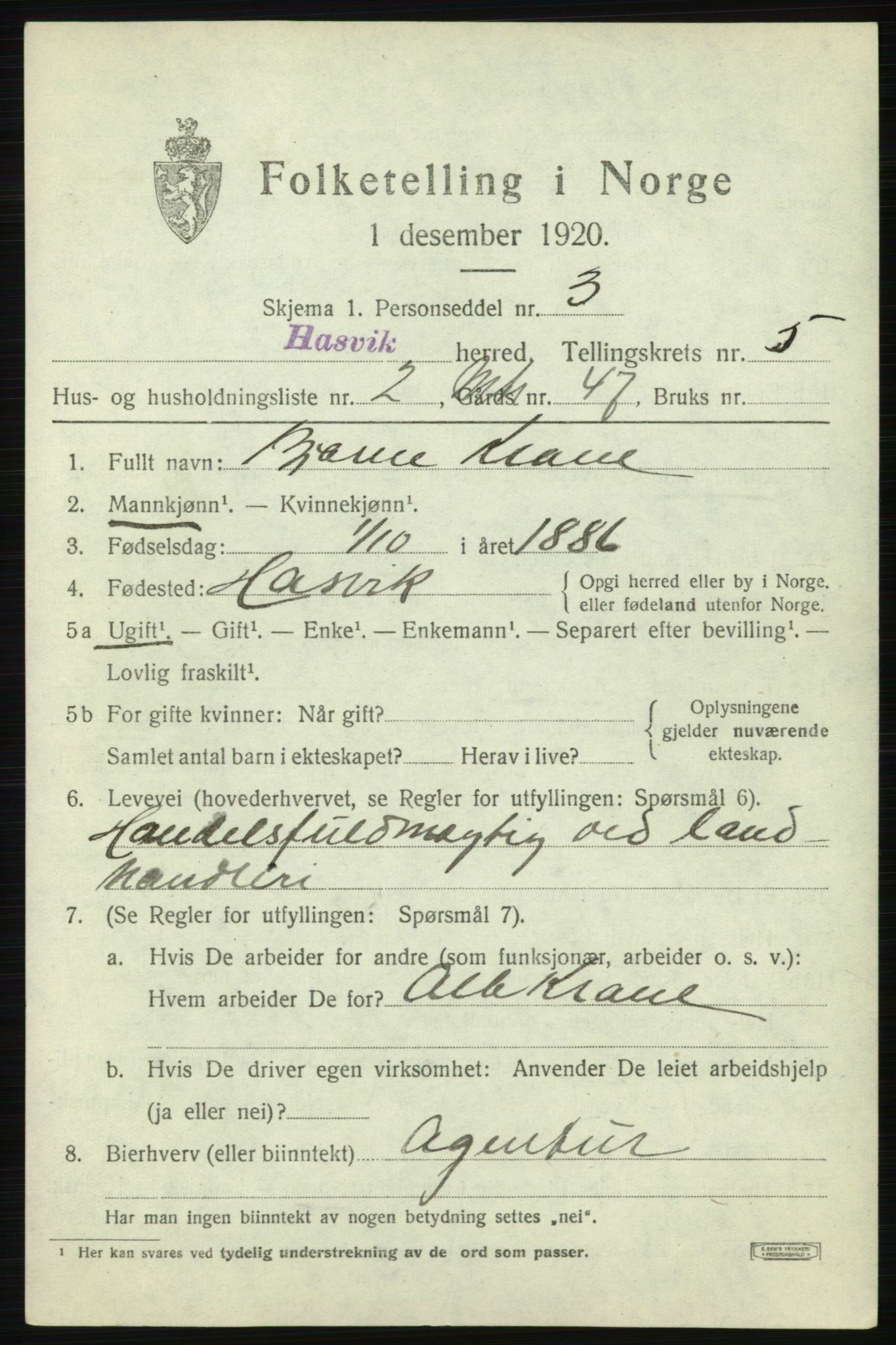 SATØ, 1920 census for Hasvik, 1920, p. 2329