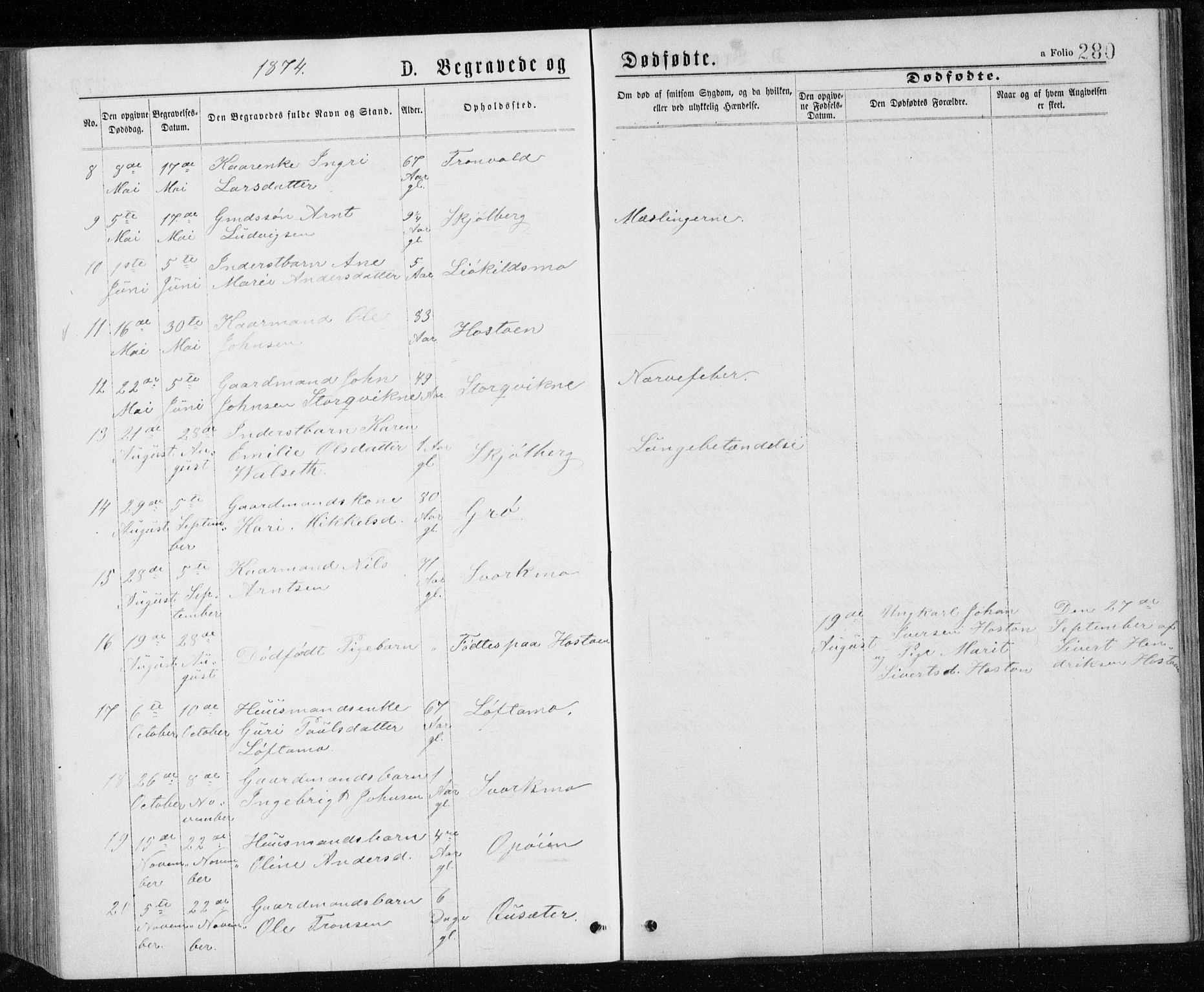 Ministerialprotokoller, klokkerbøker og fødselsregistre - Sør-Trøndelag, SAT/A-1456/671/L0843: Parish register (copy) no. 671C02, 1873-1892, p. 280