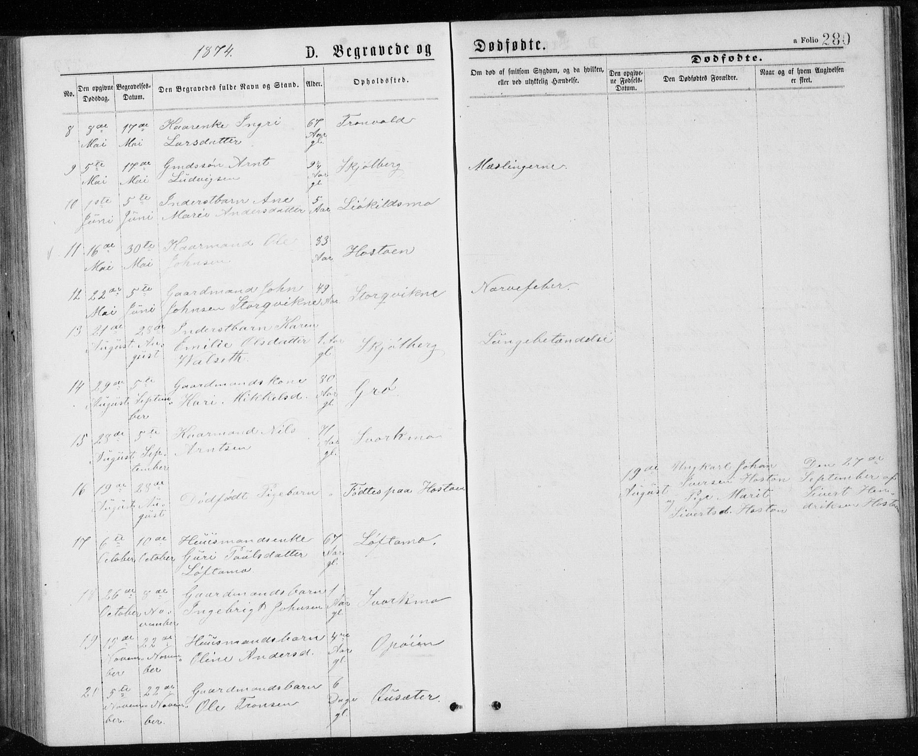 Ministerialprotokoller, klokkerbøker og fødselsregistre - Sør-Trøndelag, AV/SAT-A-1456/671/L0843: Parish register (copy) no. 671C02, 1873-1892, p. 280