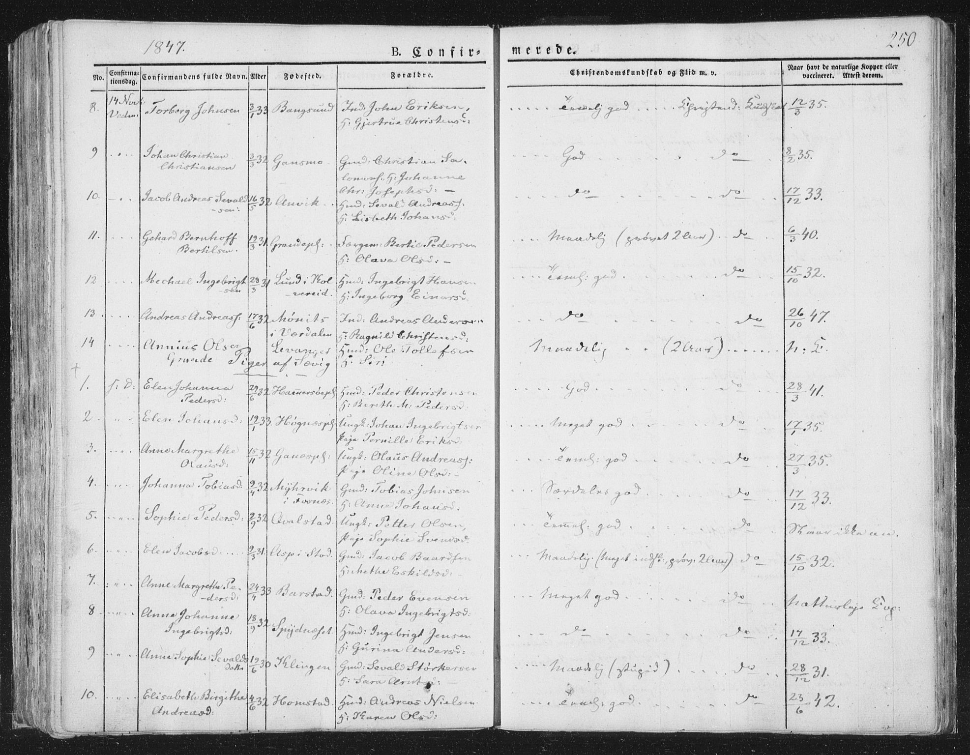 Ministerialprotokoller, klokkerbøker og fødselsregistre - Nord-Trøndelag, AV/SAT-A-1458/764/L0551: Parish register (official) no. 764A07a, 1824-1864, p. 250