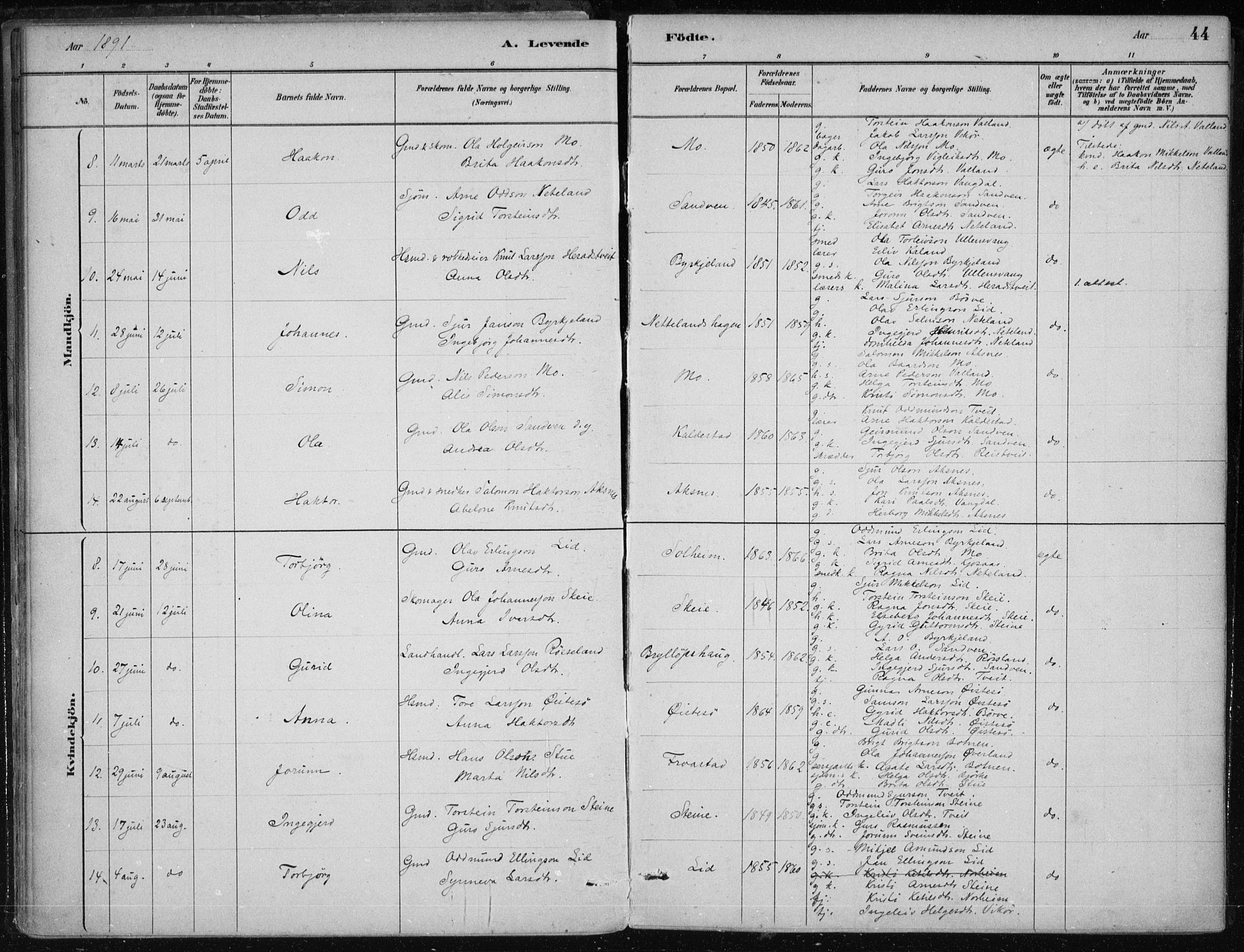 Kvam sokneprestembete, SAB/A-76201/H/Haa: Parish register (official) no. B  1, 1880-1908, p. 44