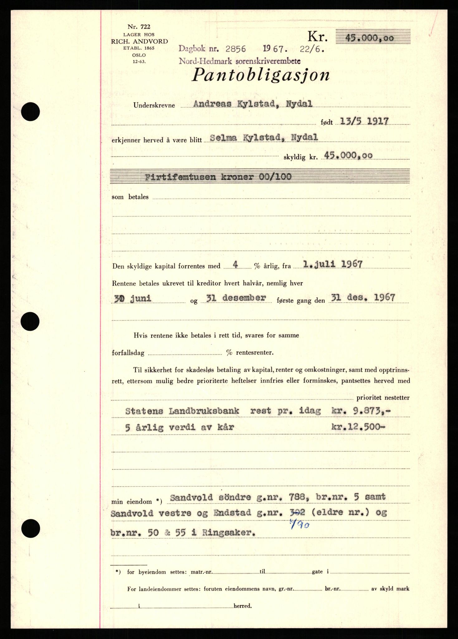 Nord-Hedmark sorenskriveri, SAH/TING-012/H/Hb/Hbf/L0071: Mortgage book no. B71, 1967-1967, Diary no: : 2856/1967
