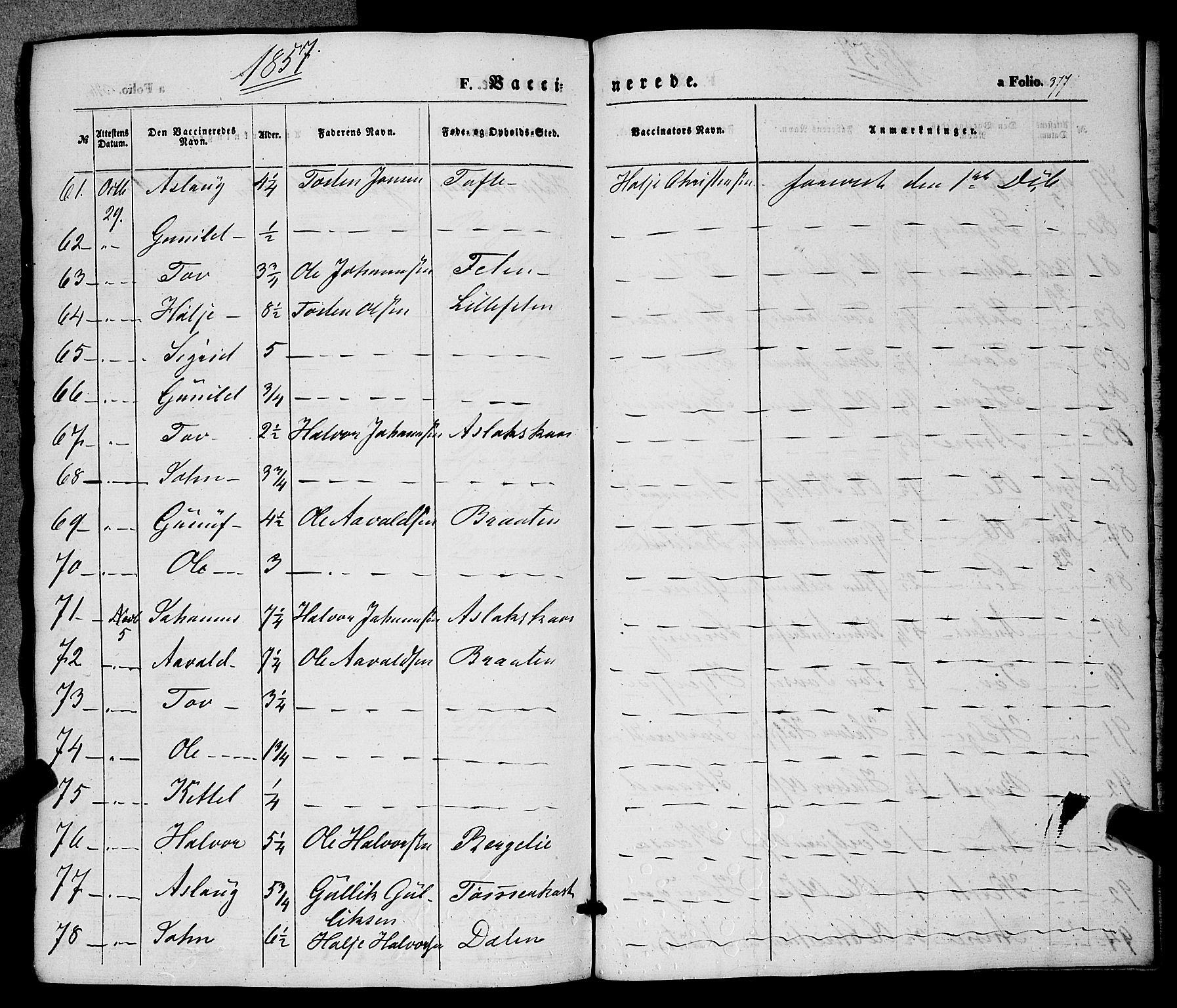 Hjartdal kirkebøker, AV/SAKO-A-270/F/Fa/L0008: Parish register (official) no. I 8, 1844-1859, p. 377