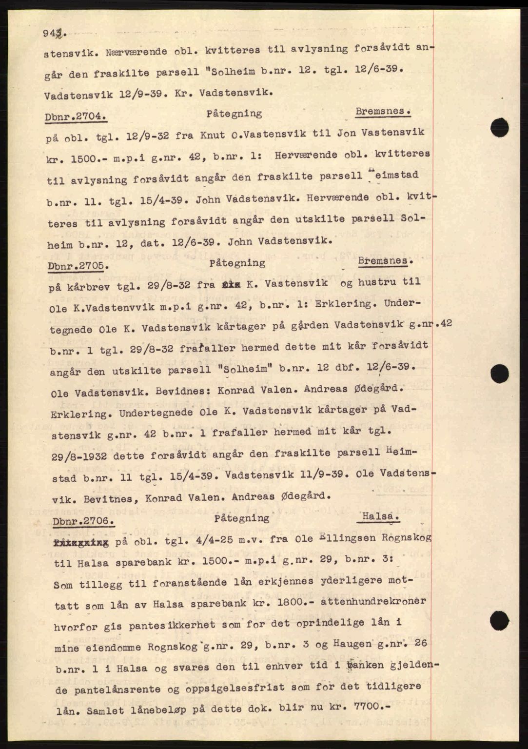 Nordmøre sorenskriveri, AV/SAT-A-4132/1/2/2Ca: Mortgage book no. C80, 1936-1939, Diary no: : 2704/1939