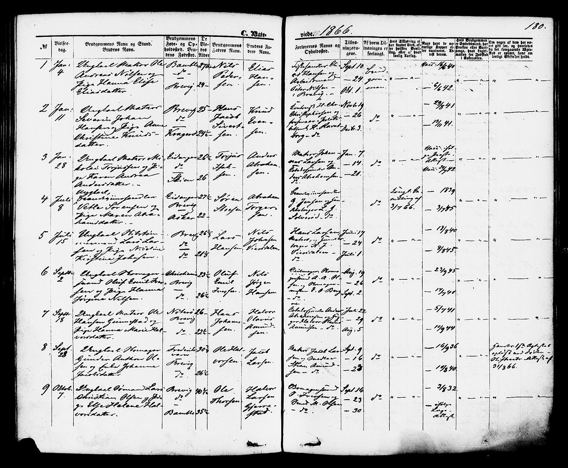 Brevik kirkebøker, SAKO/A-255/F/Fa/L0006: Parish register (official) no. 6, 1866-1881, p. 180