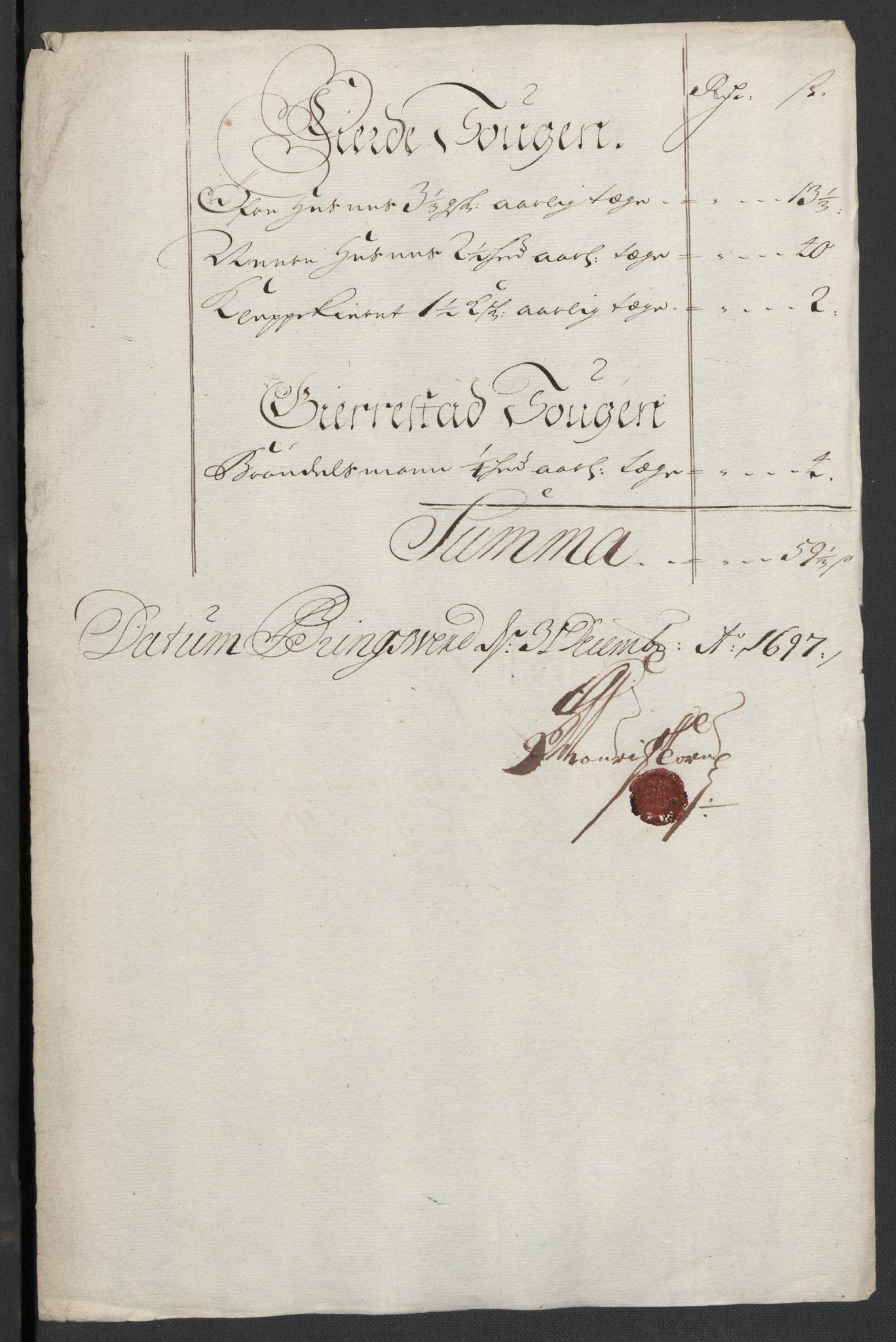 Rentekammeret inntil 1814, Reviderte regnskaper, Fogderegnskap, RA/EA-4092/R39/L2313: Fogderegnskap Nedenes, 1696-1697, p. 130