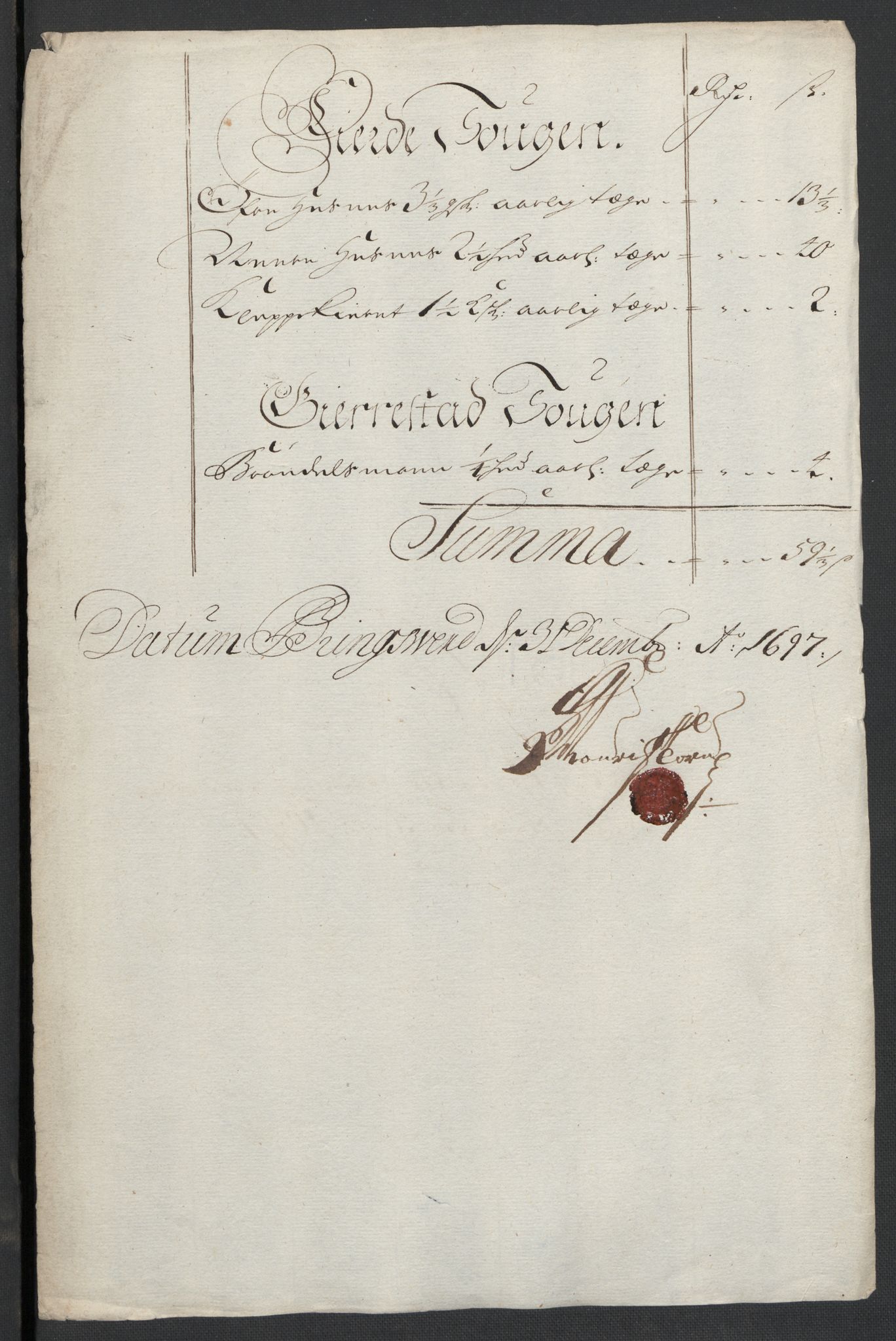 Rentekammeret inntil 1814, Reviderte regnskaper, Fogderegnskap, AV/RA-EA-4092/R39/L2313: Fogderegnskap Nedenes, 1696-1697, p. 130