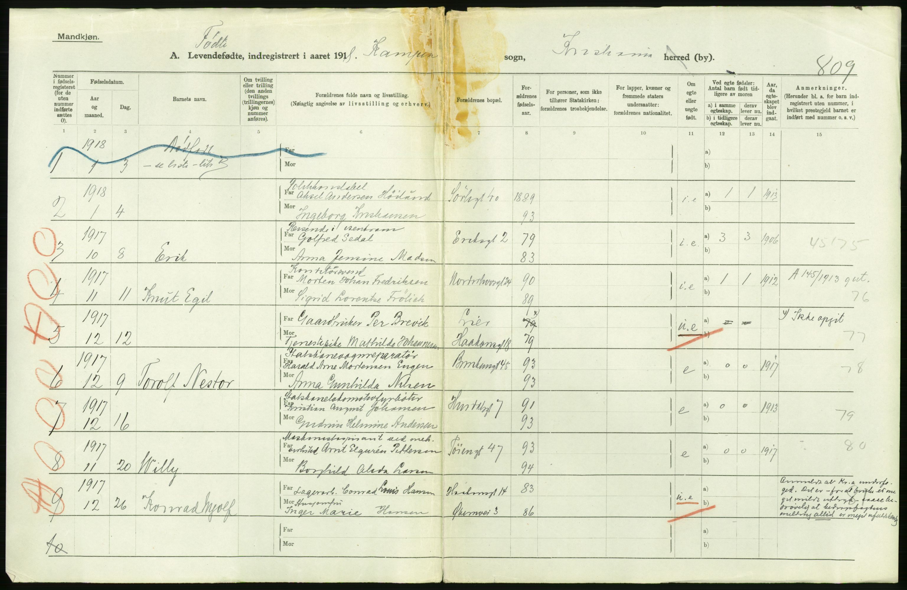 Statistisk sentralbyrå, Sosiodemografiske emner, Befolkning, AV/RA-S-2228/D/Df/Dfb/Dfbh/L0008: Kristiania: Levendefødte menn og kvinner., 1918, p. 306