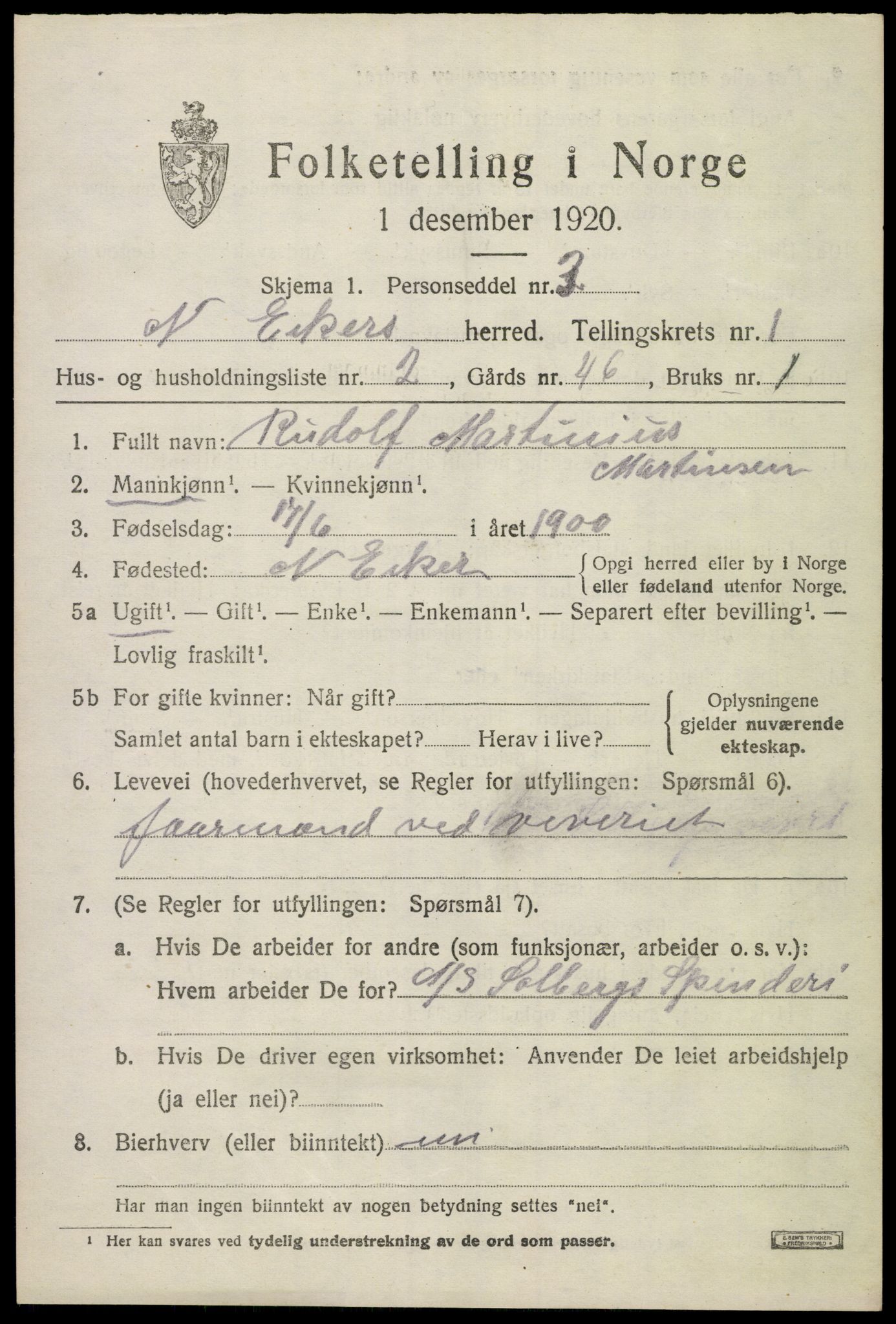 SAKO, 1920 census for Nedre Eiker, 1920, p. 2129