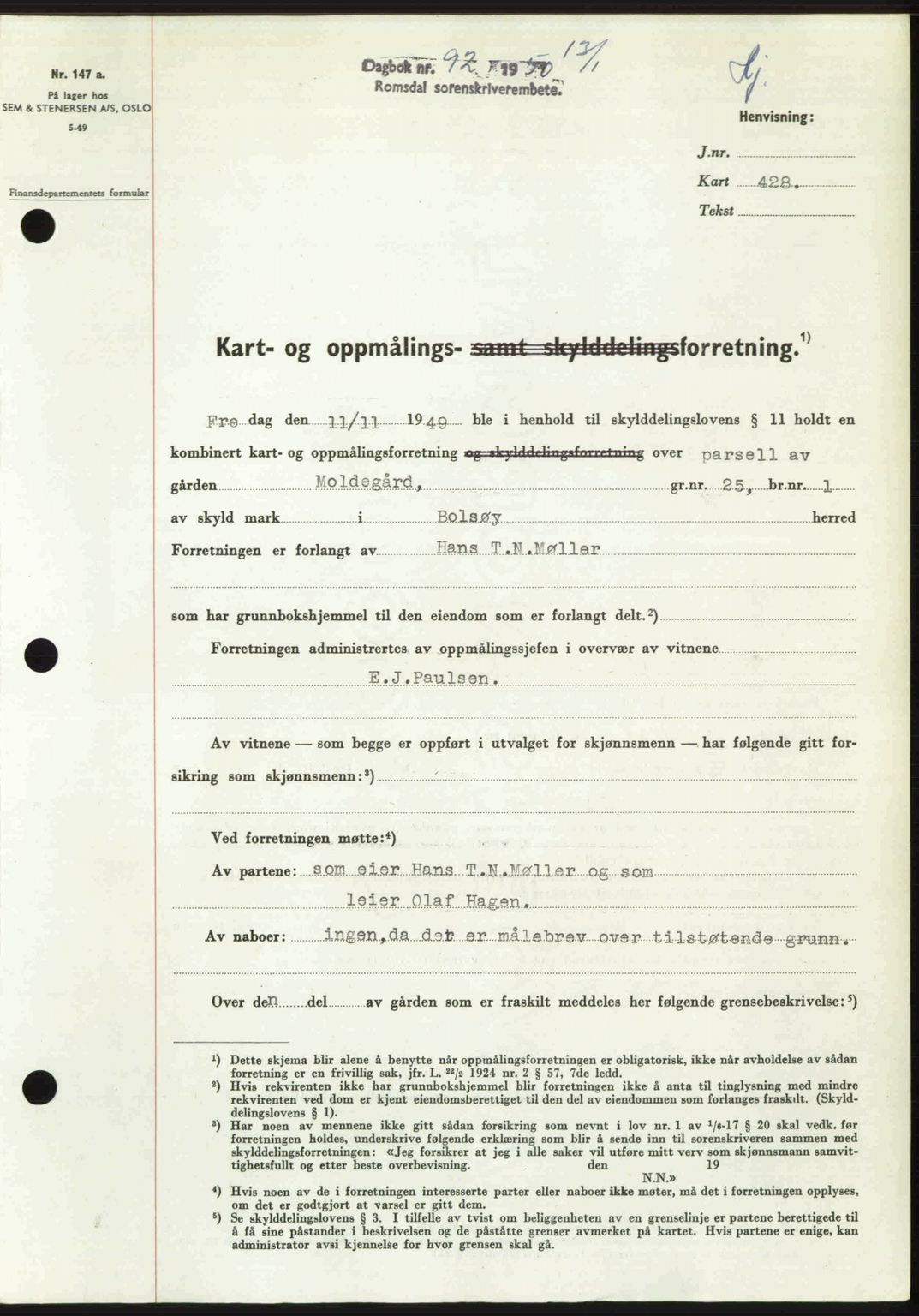 Romsdal sorenskriveri, AV/SAT-A-4149/1/2/2C: Mortgage book no. A32, 1950-1950, Diary no: : 92/1950