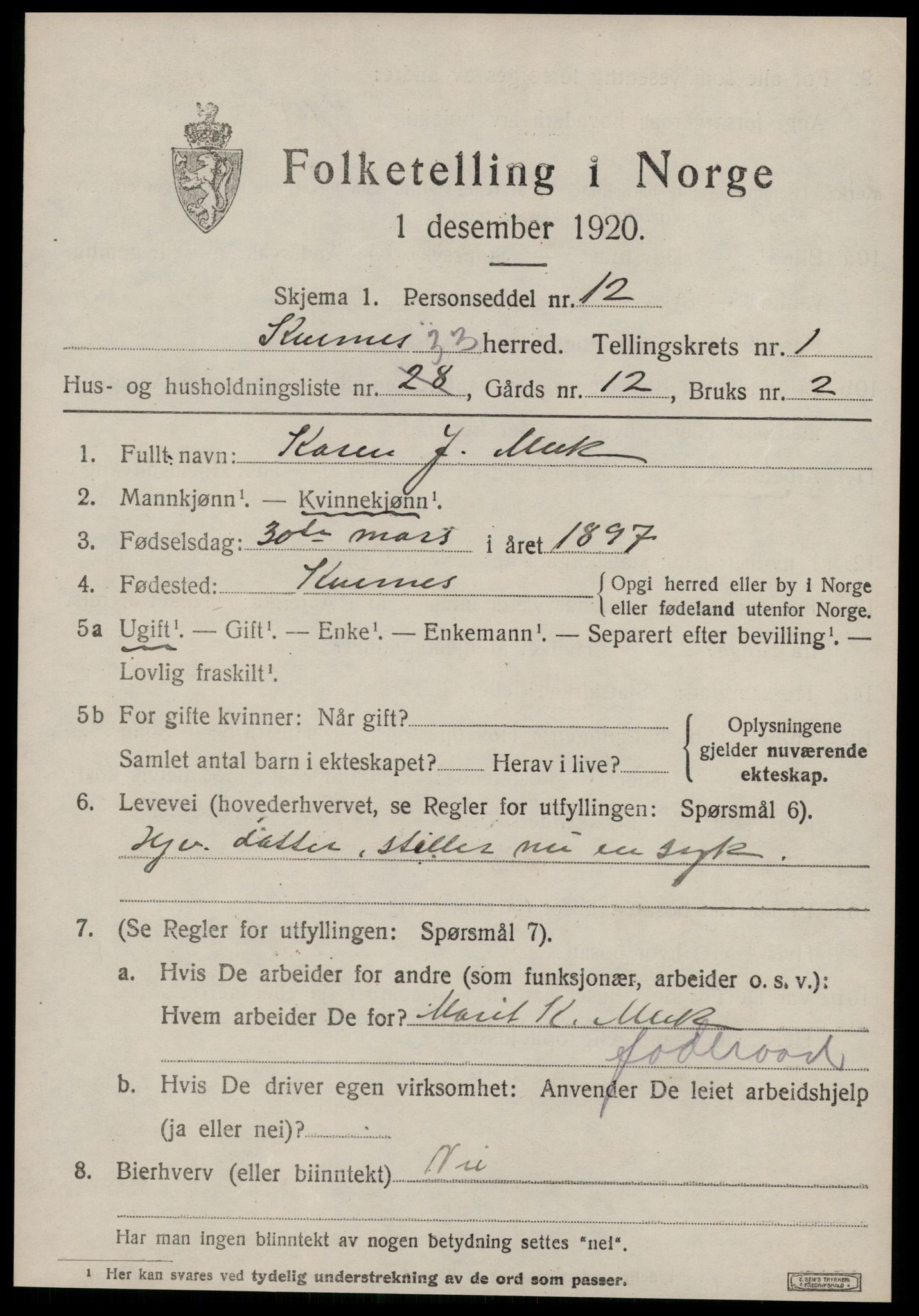 SAT, 1920 census for Kvernes, 1920, p. 749