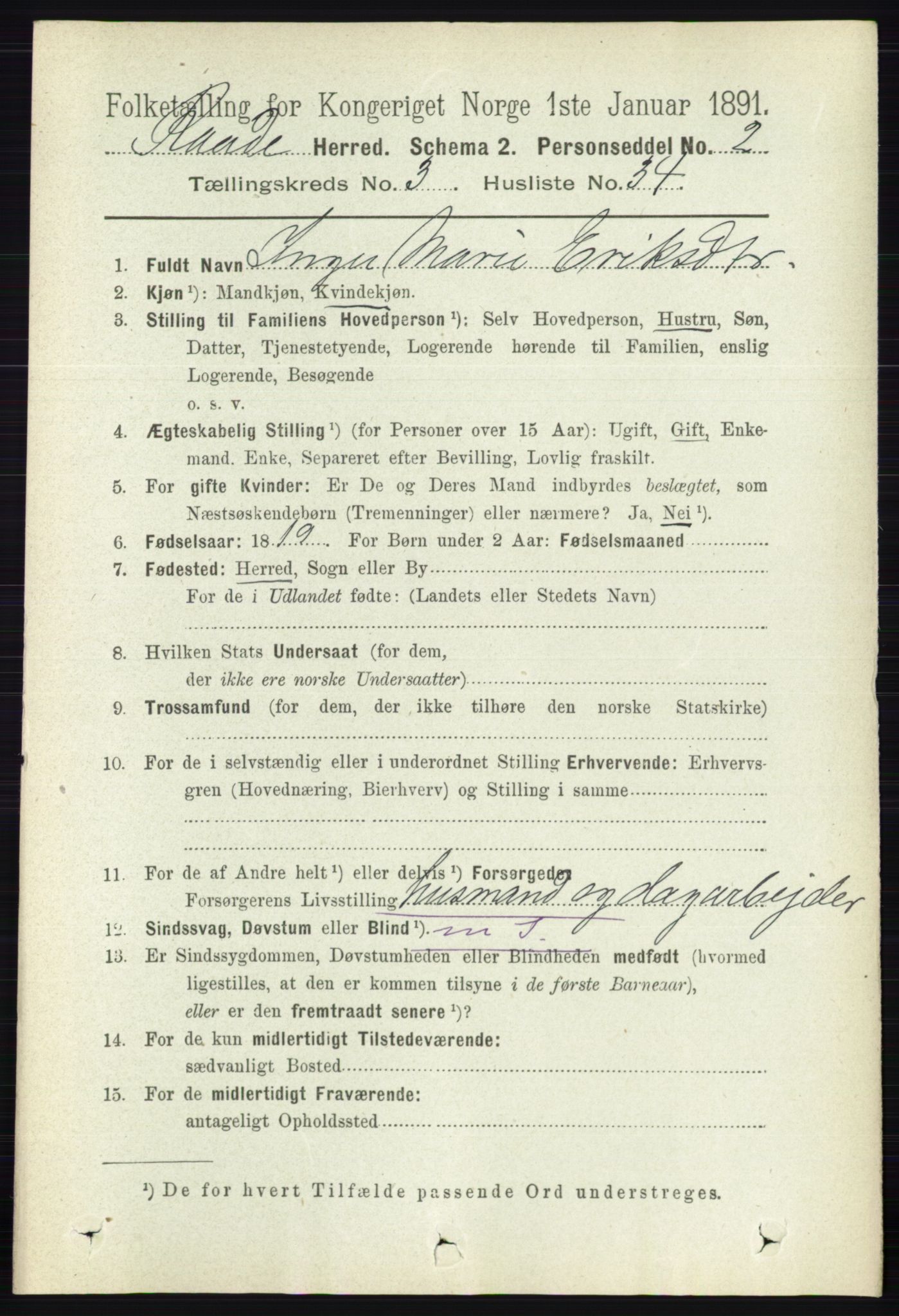 RA, 1891 census for 0135 Råde, 1891, p. 1401