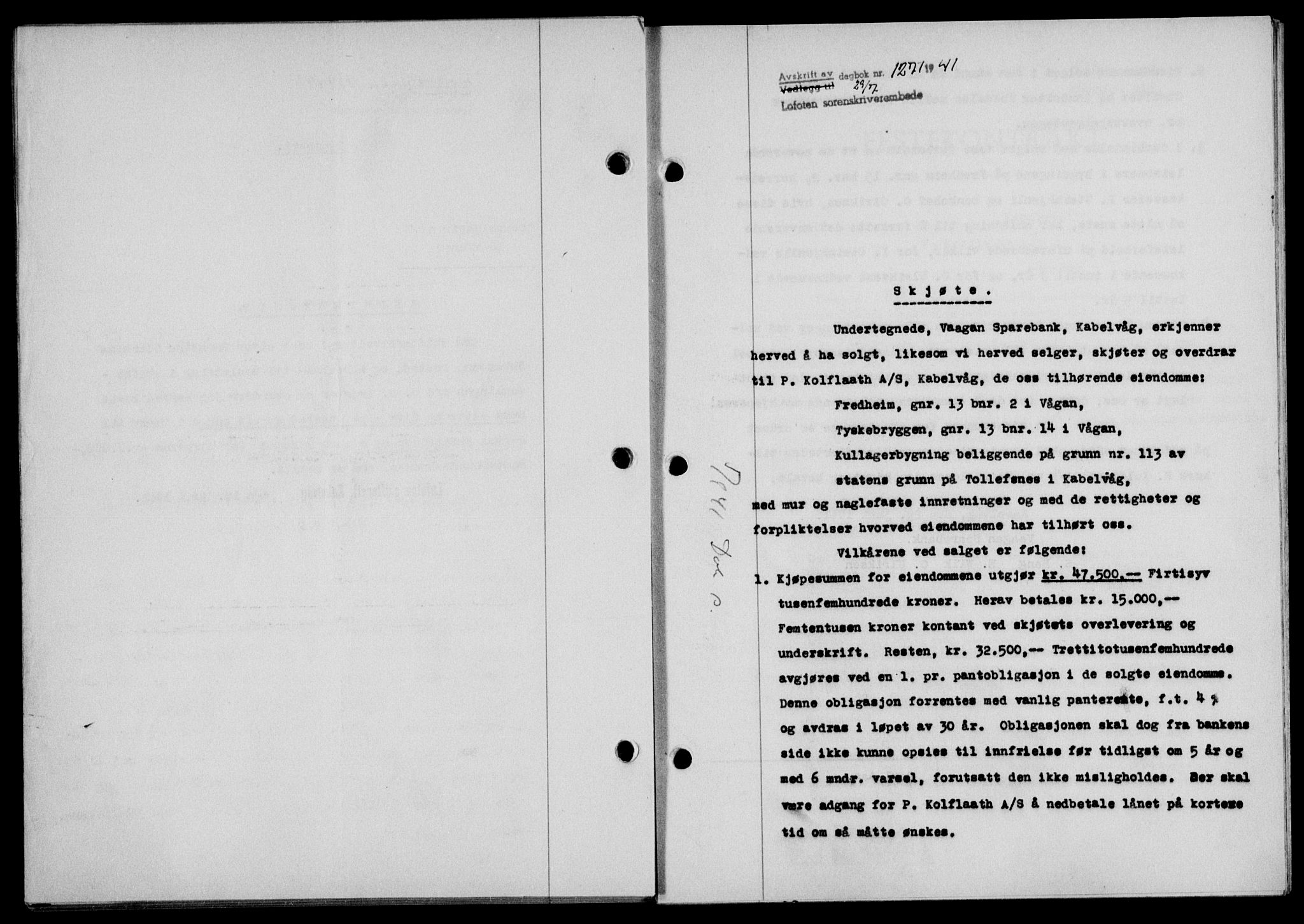 Lofoten sorenskriveri, SAT/A-0017/1/2/2C/L0008a: Mortgage book no. 8a, 1940-1941, Diary no: : 1271/1941