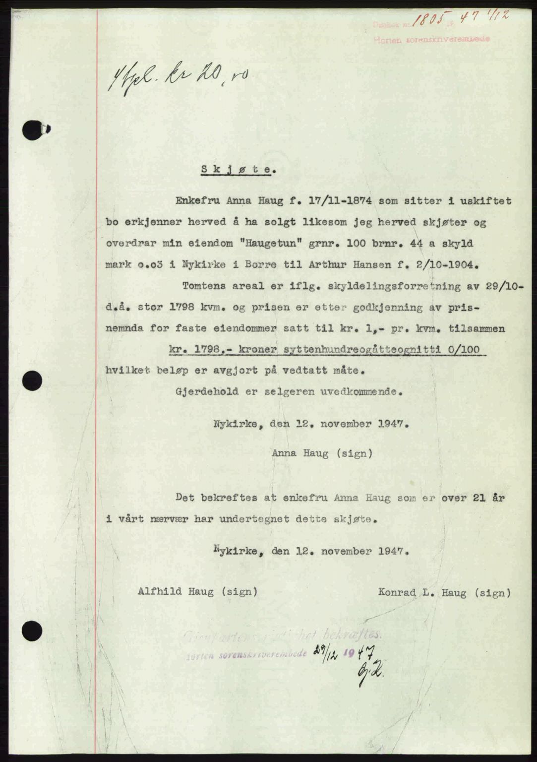 Horten sorenskriveri, AV/SAKO-A-133/G/Ga/Gaa/L0010: Mortgage book no. A-10, 1947-1948, Diary no: : 1805/1947