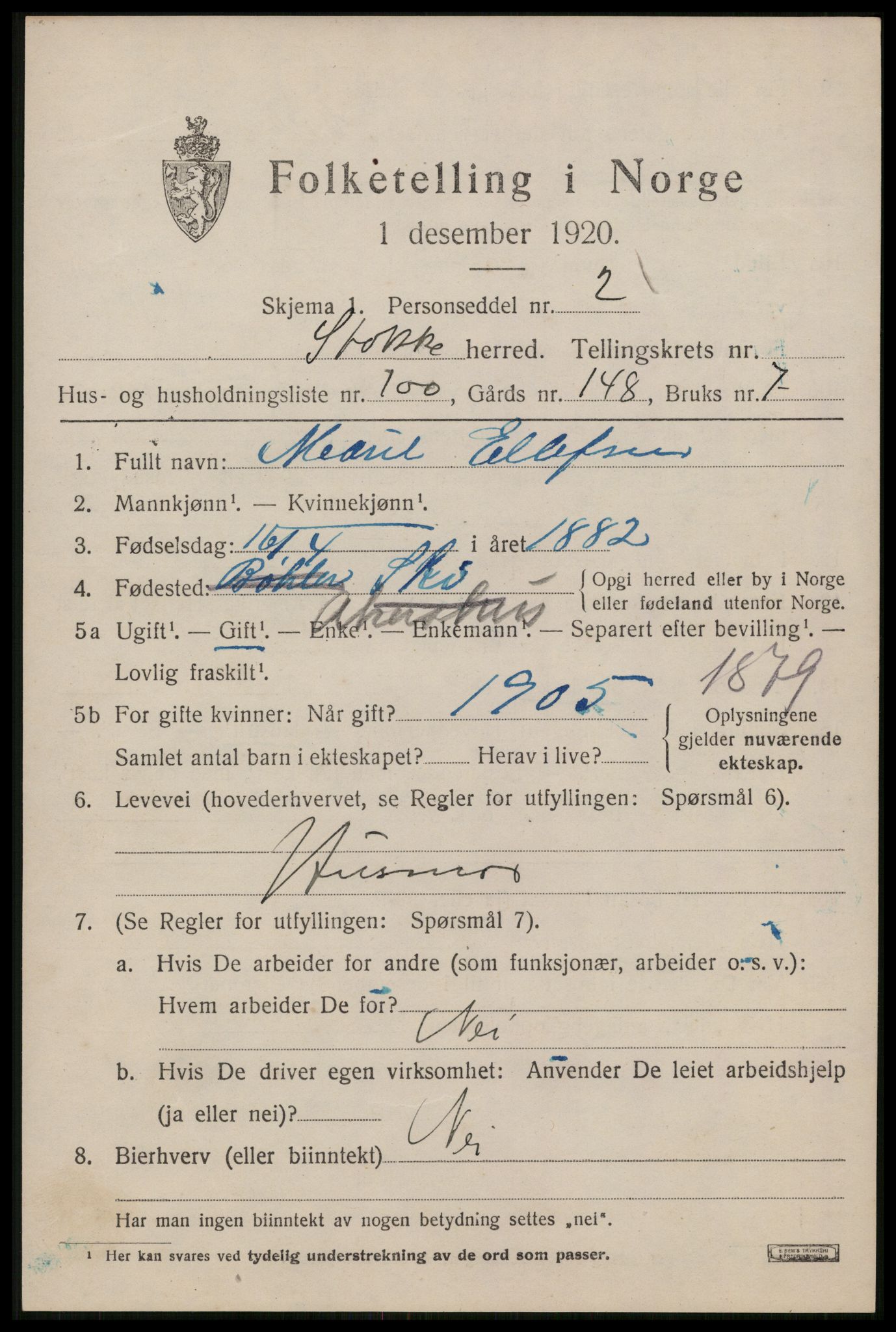 SAKO, 1920 census for Stokke, 1920, p. 12234