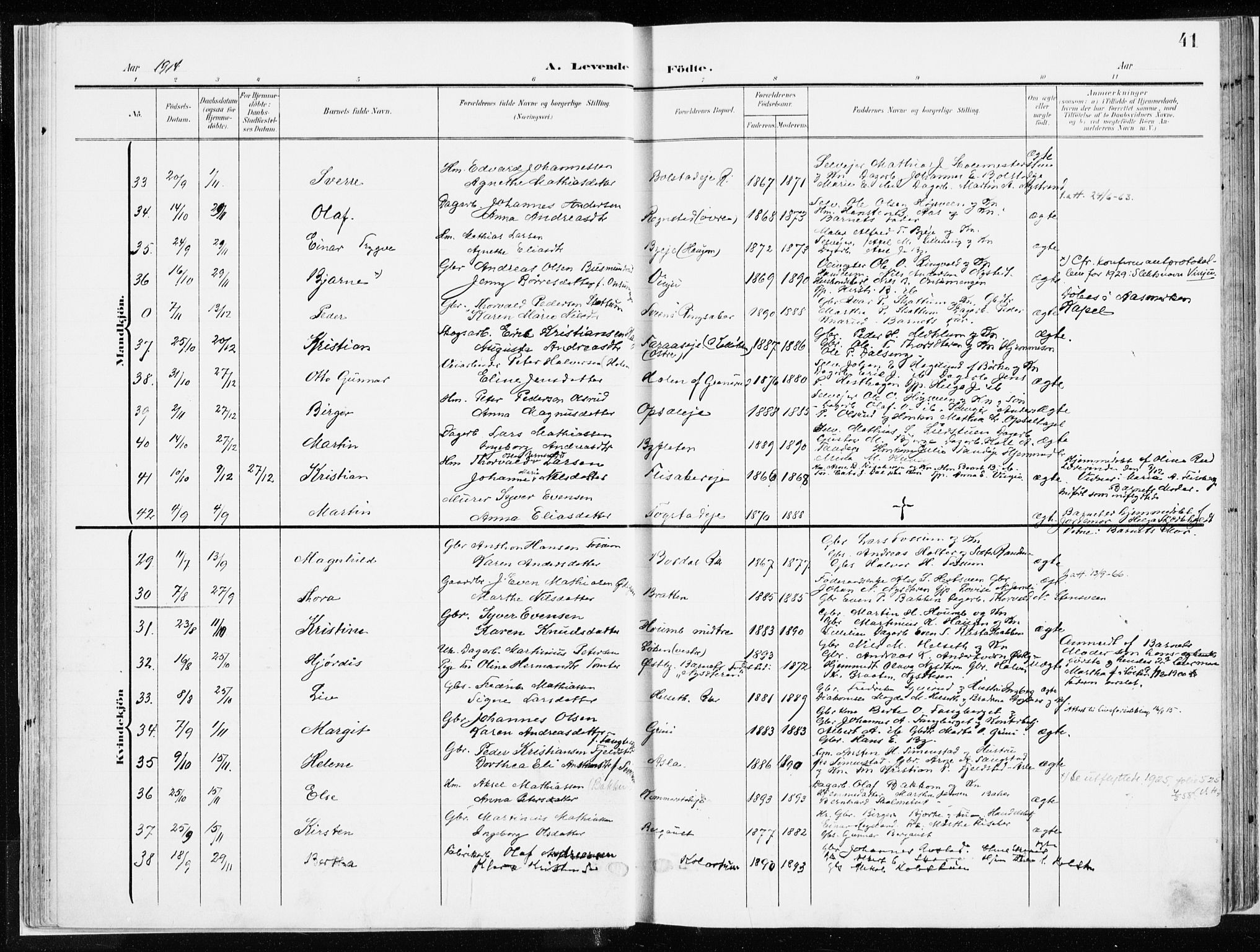 Ringsaker prestekontor, AV/SAH-PREST-014/K/Ka/L0019: Parish register (official) no. 19, 1905-1920, p. 41