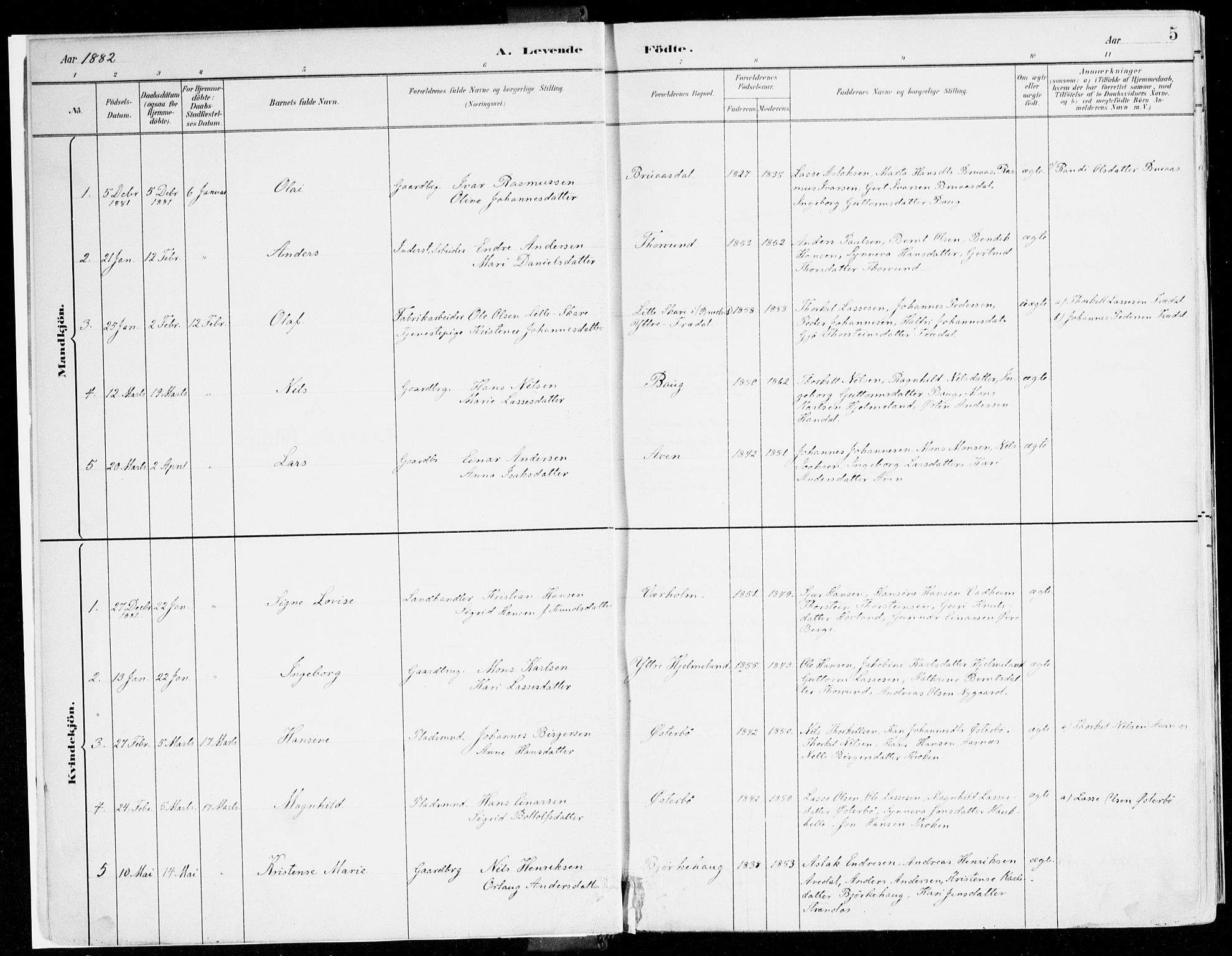 Lavik sokneprestembete, AV/SAB-A-80901: Parish register (official) no. B 1, 1882-1908, p. 5