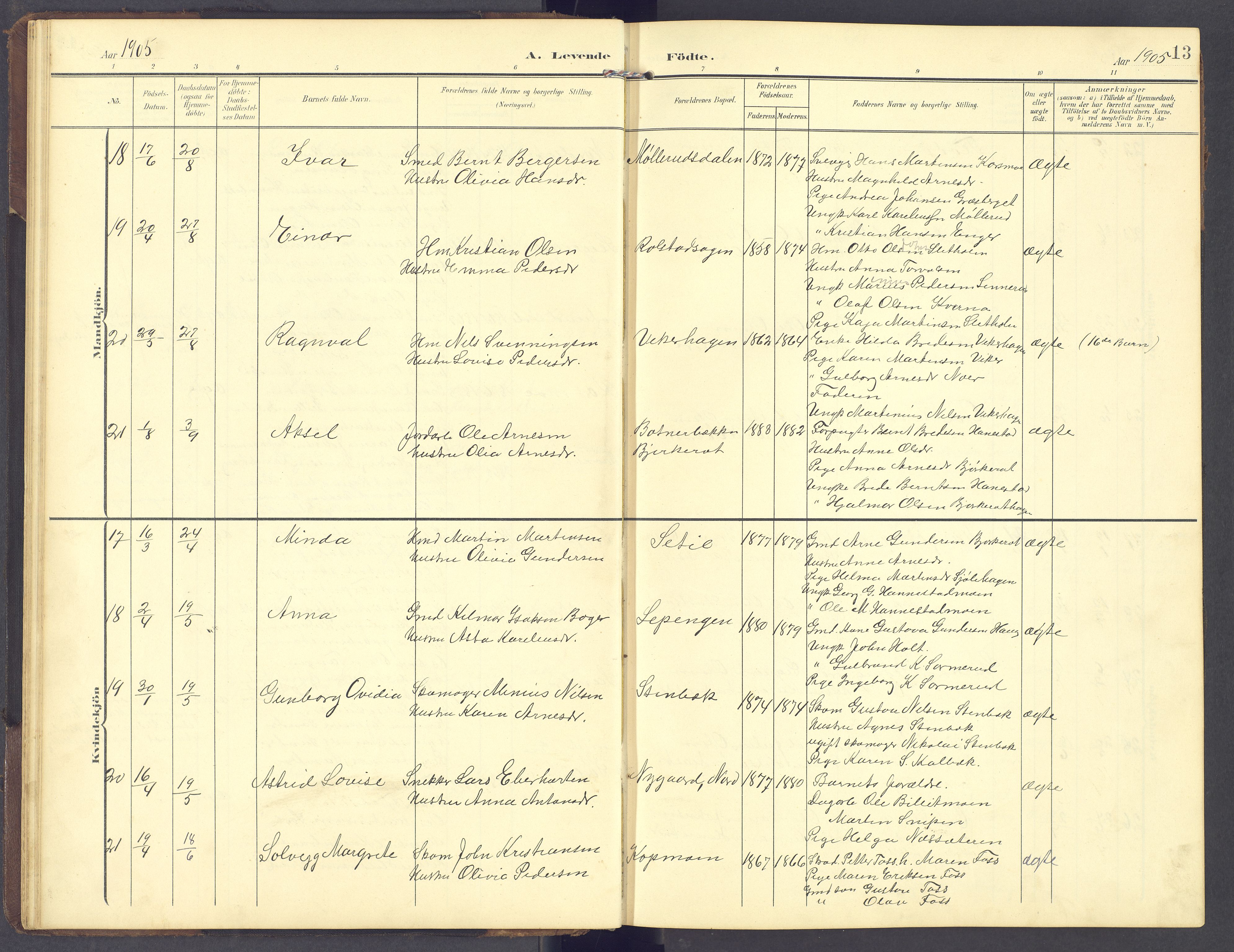 Brandval prestekontor, AV/SAH-PREST-034/H/Ha/Hab/L0003: Parish register (copy) no. 3, 1904-1917, p. 13