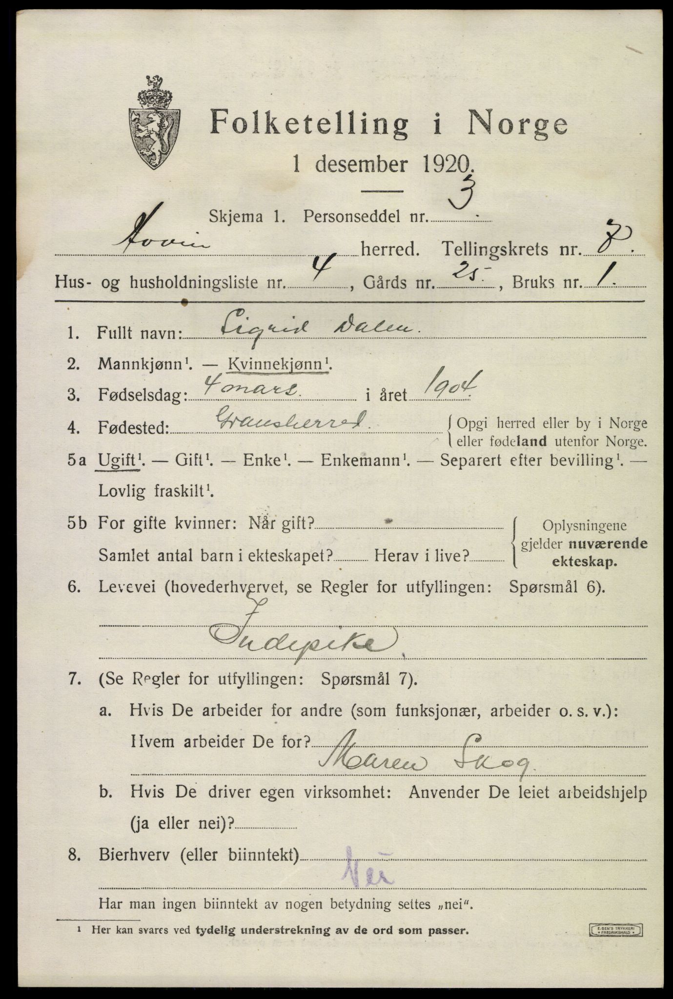 SAKO, 1920 census for Hovin, 1920, p. 1733