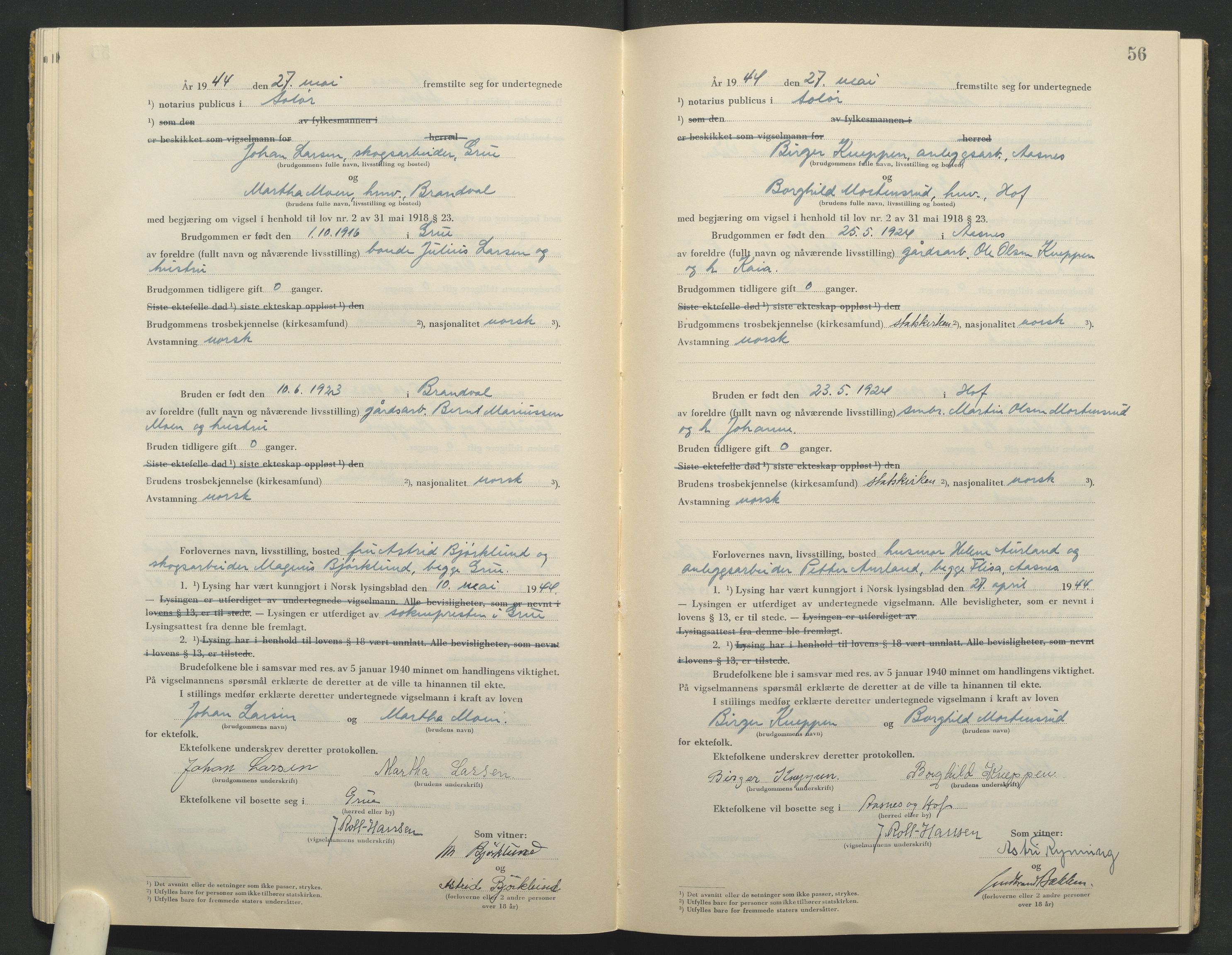 Solør tingrett, AV/SAH-TING-008/L/Lb/L0002: Vigselprotokoll, 1943-1944, p. 56