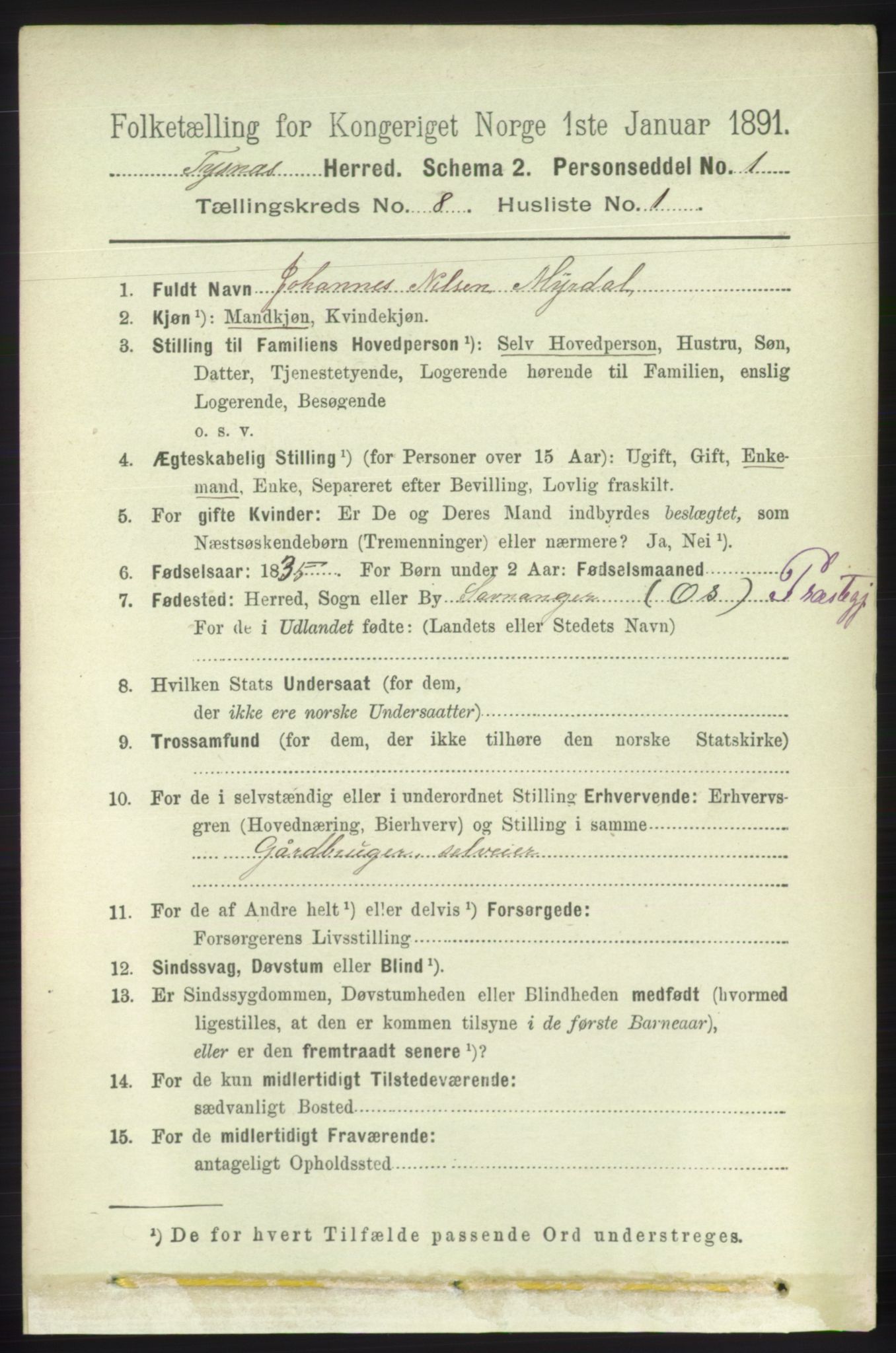 RA, 1891 census for 1223 Tysnes, 1891, p. 3658