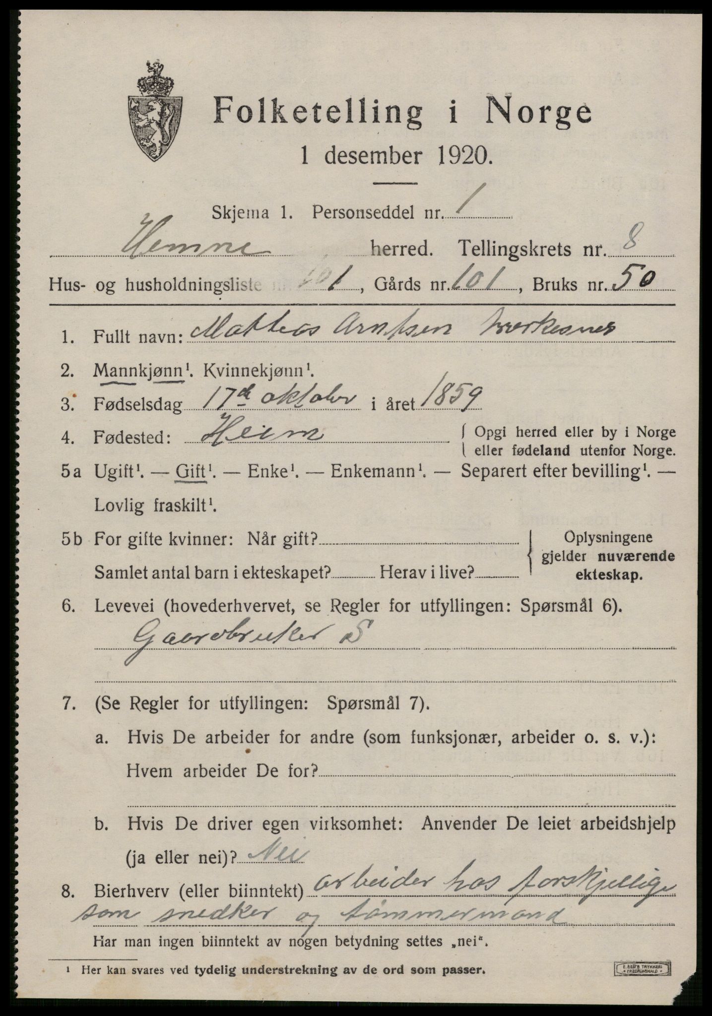 SAT, 1920 census for Hemne, 1920, p. 4674