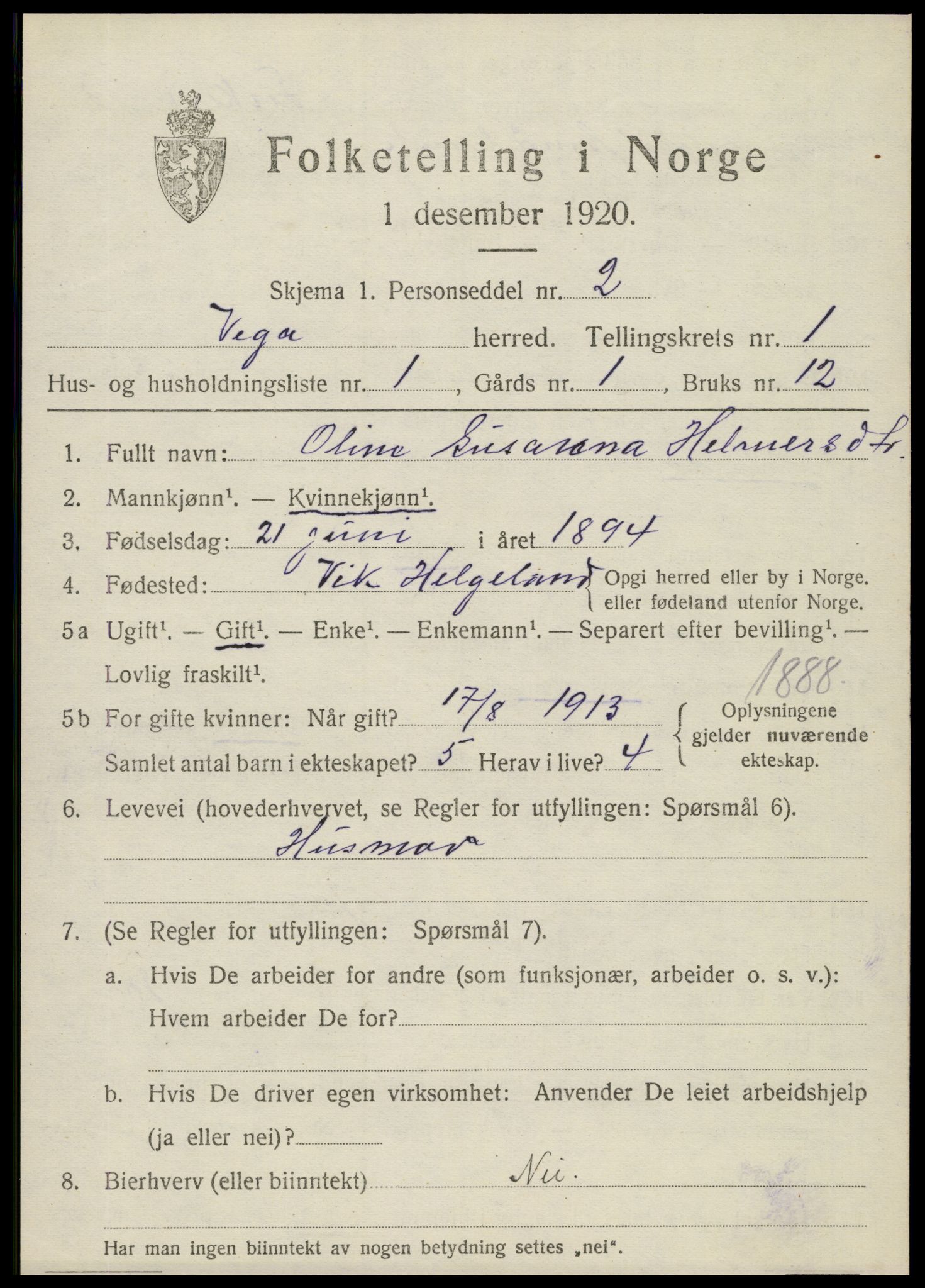 SAT, 1920 census for Vega, 1920, p. 945