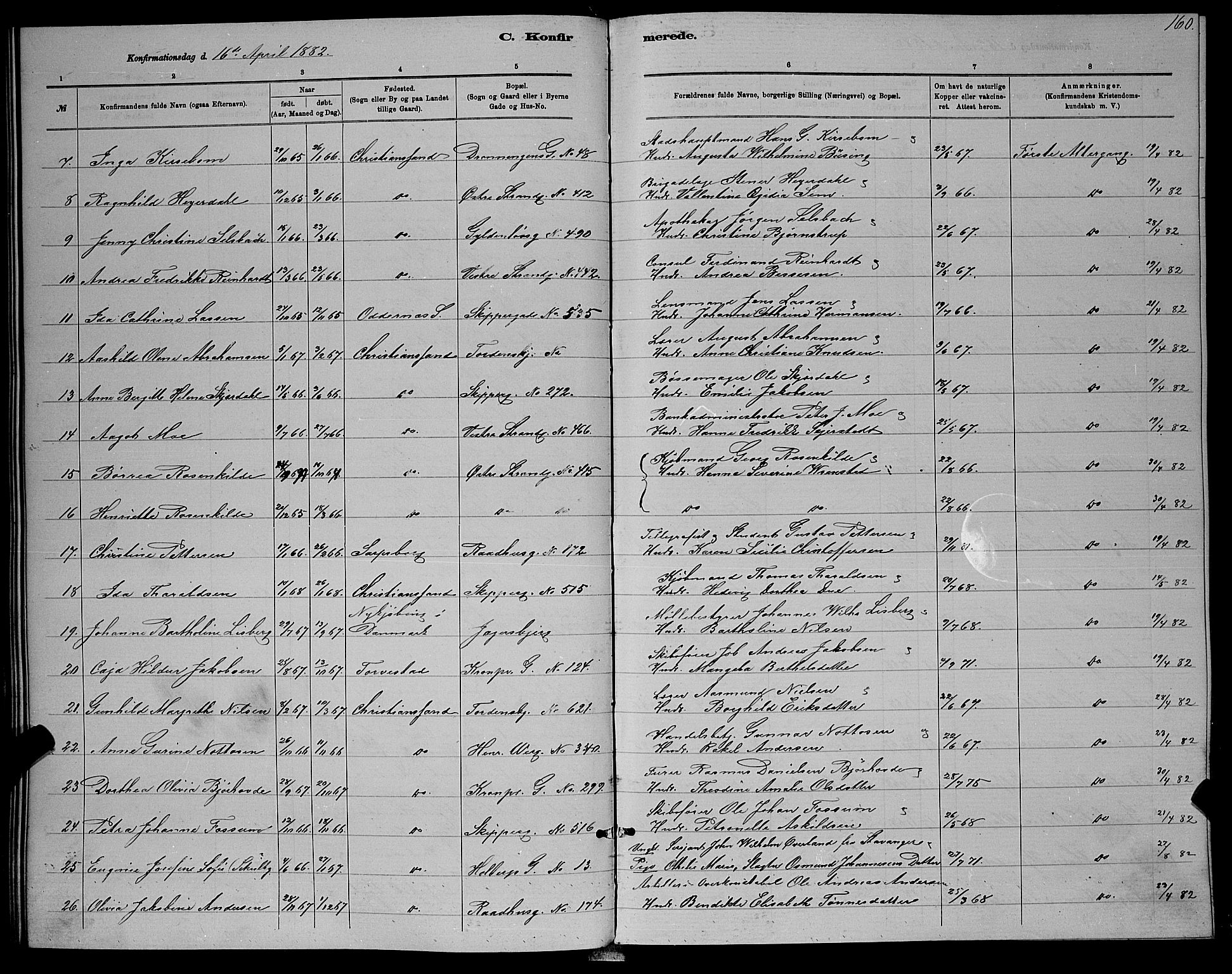 Kristiansand domprosti, SAK/1112-0006/F/Fb/L0016: Parish register (copy) no. B 16, 1881-1893, p. 160