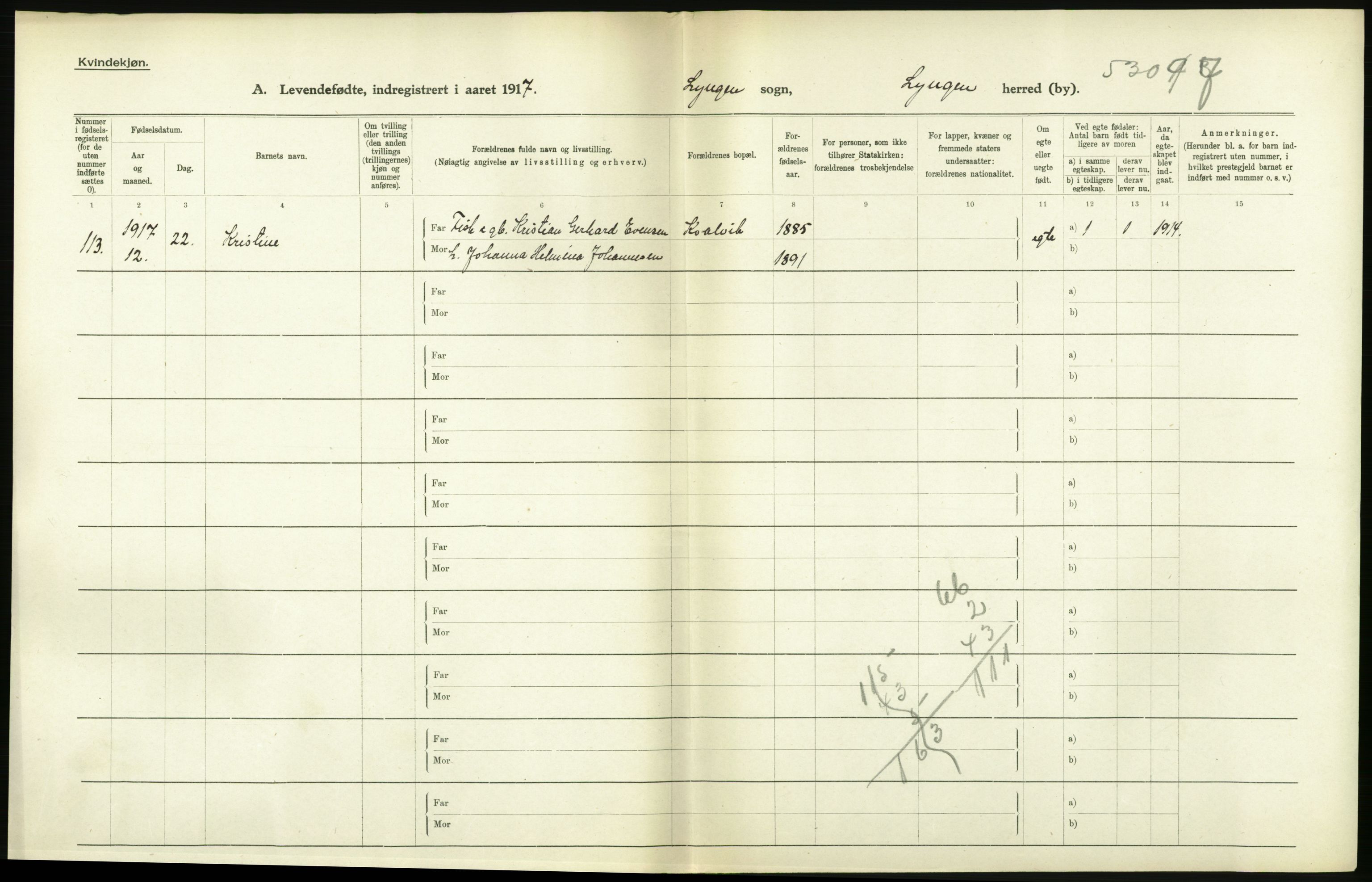 Statistisk sentralbyrå, Sosiodemografiske emner, Befolkning, RA/S-2228/D/Df/Dfb/Dfbg/L0053: Tromsø amt: Levendefødte menn og kvinner. Bygder og byer., 1917, p. 200