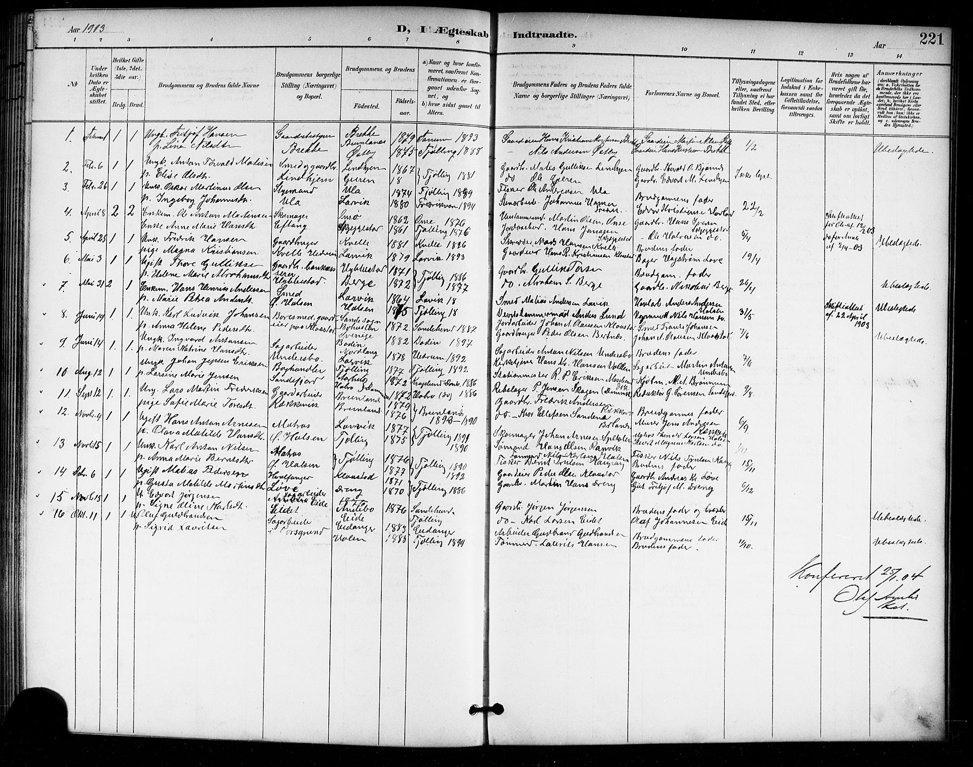 Tjølling kirkebøker, SAKO/A-60/G/Ga/L0002: Parish register (copy) no. 2, 1895-1918, p. 221