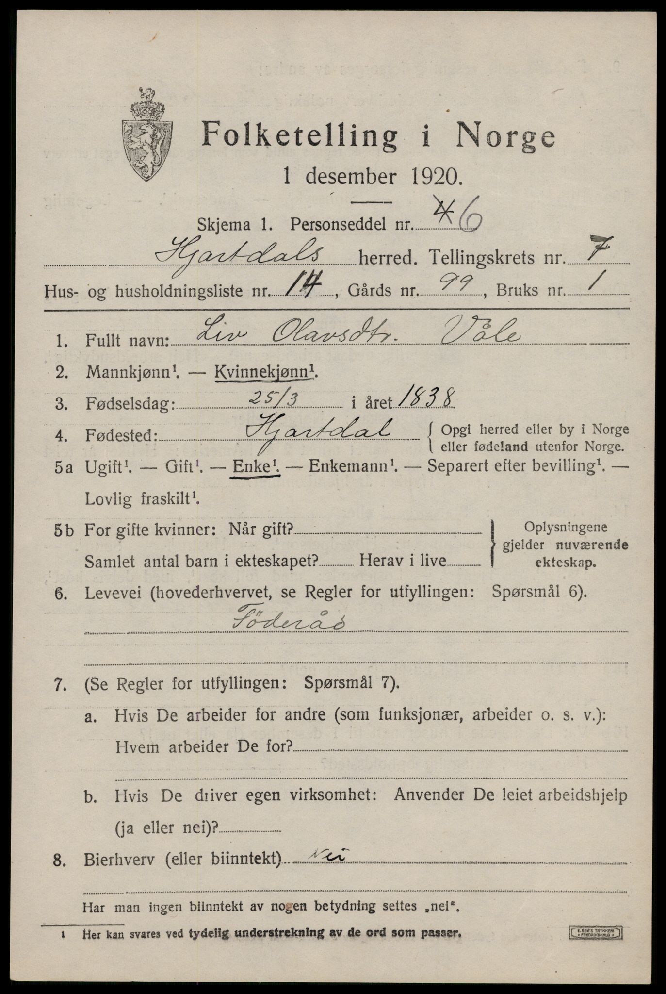 SAKO, 1920 census for Hjartdal, 1920, p. 4760