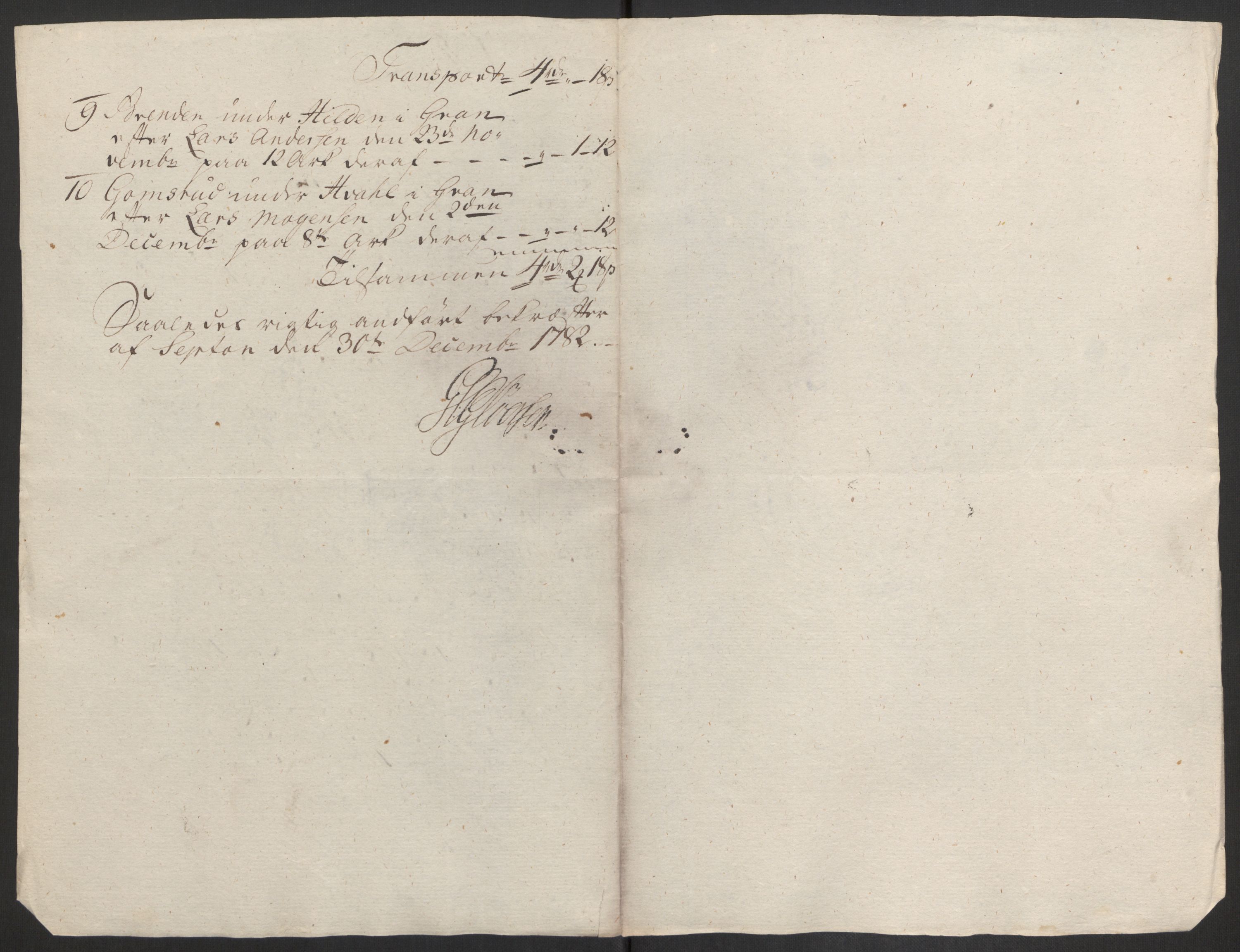 Rentekammeret inntil 1814, Reviderte regnskaper, Fogderegnskap, AV/RA-EA-4092/R19/L1369: Fogderegnskap Toten, Hadeland og Vardal, 1782, p. 315