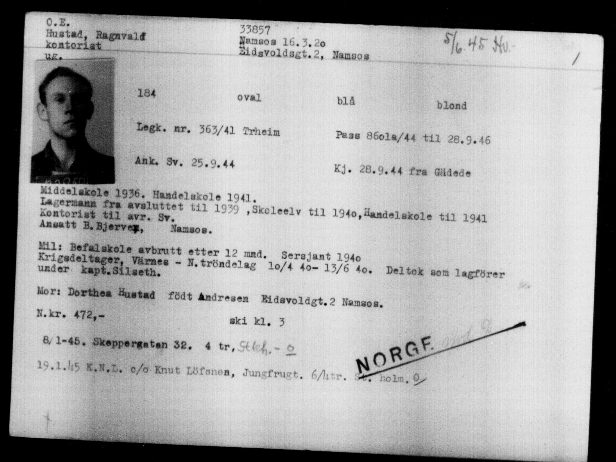 Utenriksstasjonene, Legasjonen i Stockholm, Flyktningkontoret, AV/RA-S-6753/V/Va/L0013: Kjesäterkartoteket, flyktninger med registreringsnr. 31500-34731, 1940-1945, p. 2491
