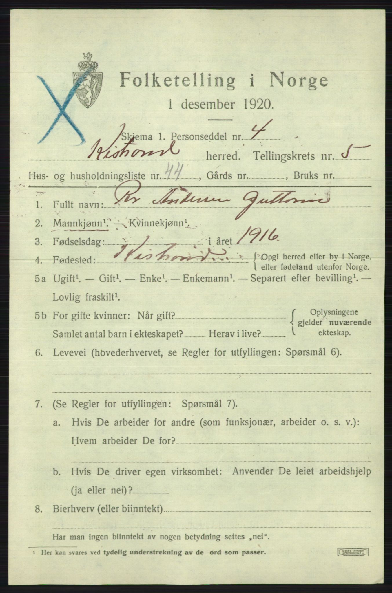 SATØ, 1920 census for Kistrand, 1920, p. 3608