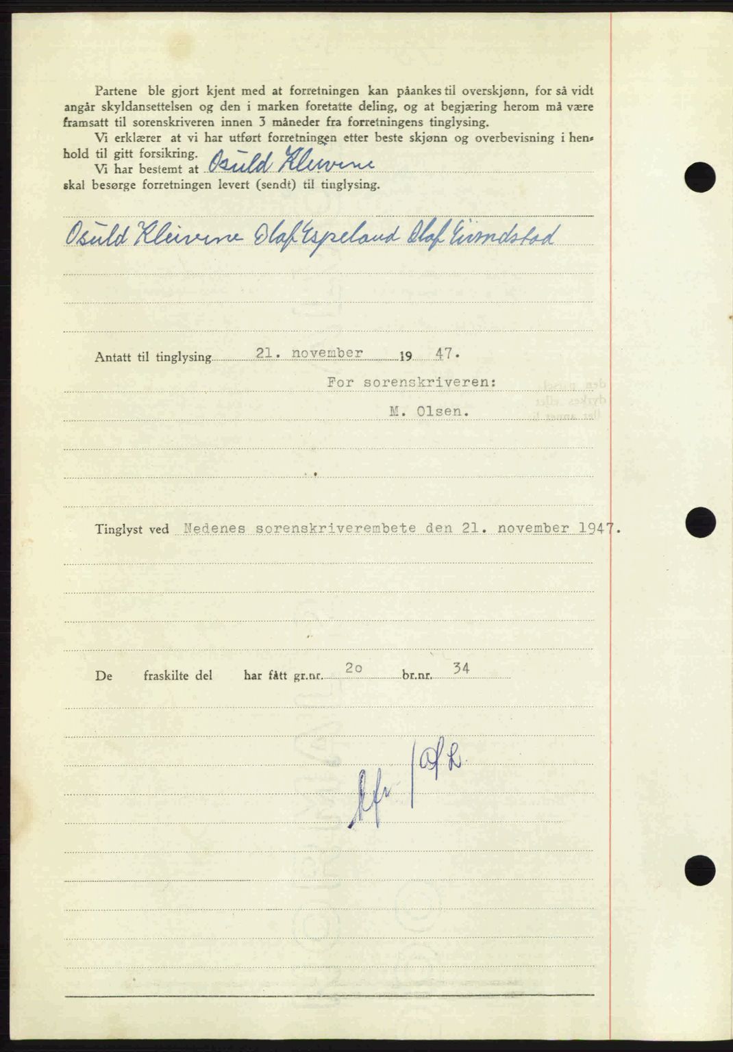 Nedenes sorenskriveri, AV/SAK-1221-0006/G/Gb/Gba/L0058: Mortgage book no. A10, 1947-1948, Diary no: : 1709/1947