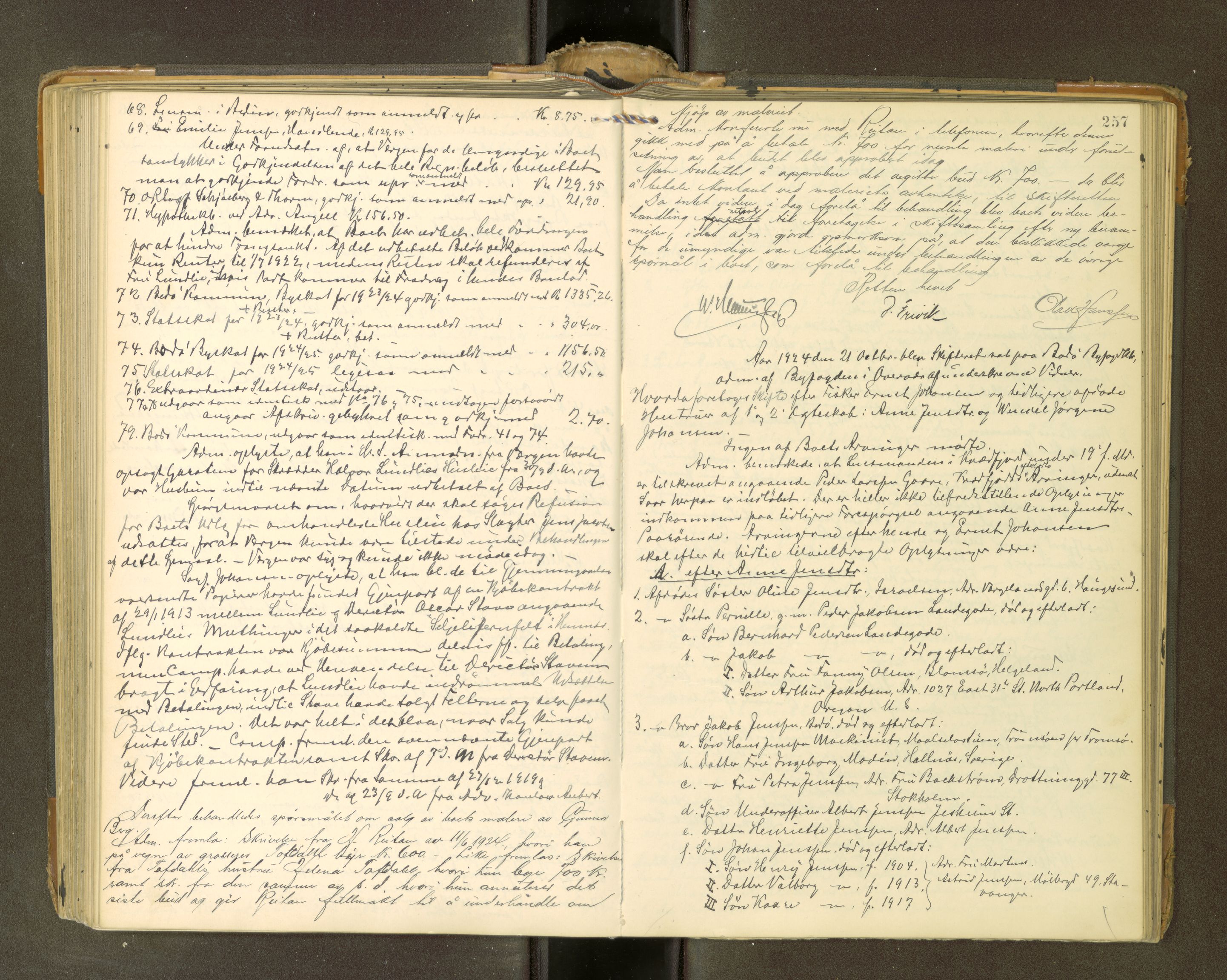 Bodø sorenskriveri, AV/SAT-A-0022/1/3/3B/L0003: Skiftebehandlingsprotokoll, 1909-1930, p. 257