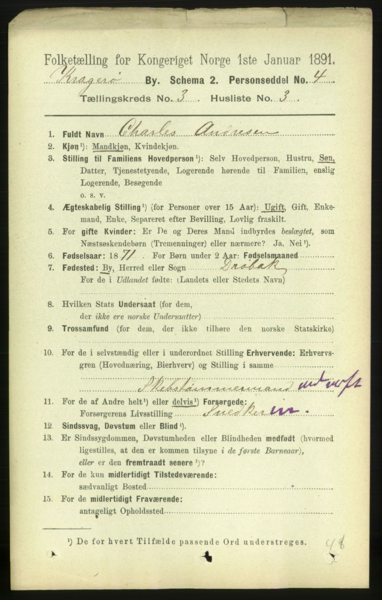 RA, 1891 census for 0801 Kragerø, 1891, p. 2677